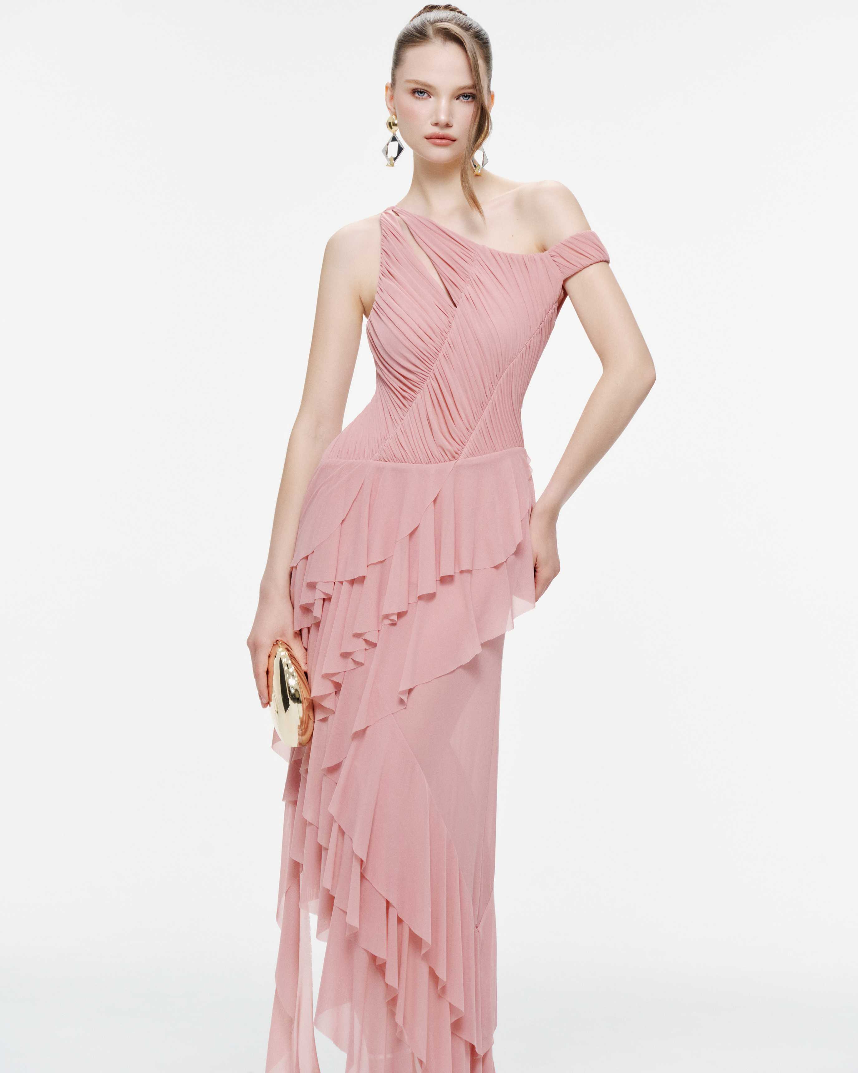 One-Shoulder Stretch Mesh Asymmetric Ruffle Dress