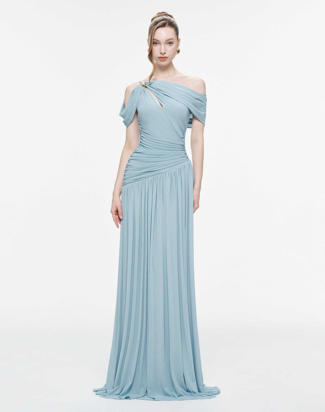 Draped Off-Shoulder Stretch Mesh Dress