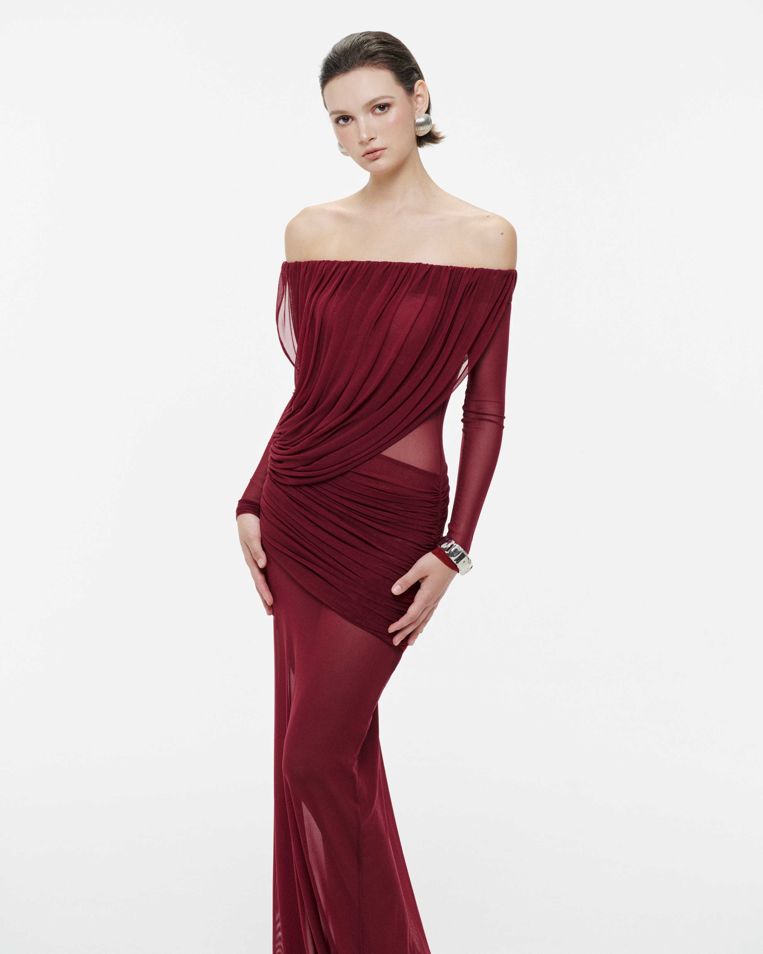Off-Shoulder Draped Mesh Dress