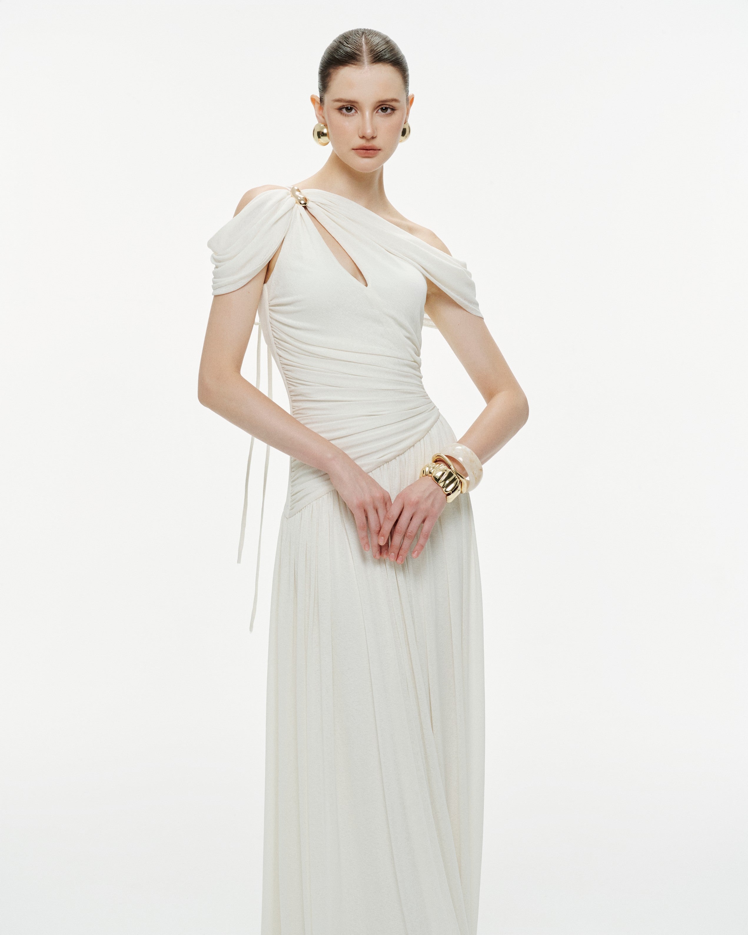 Pleated Draped Shoulder Dress