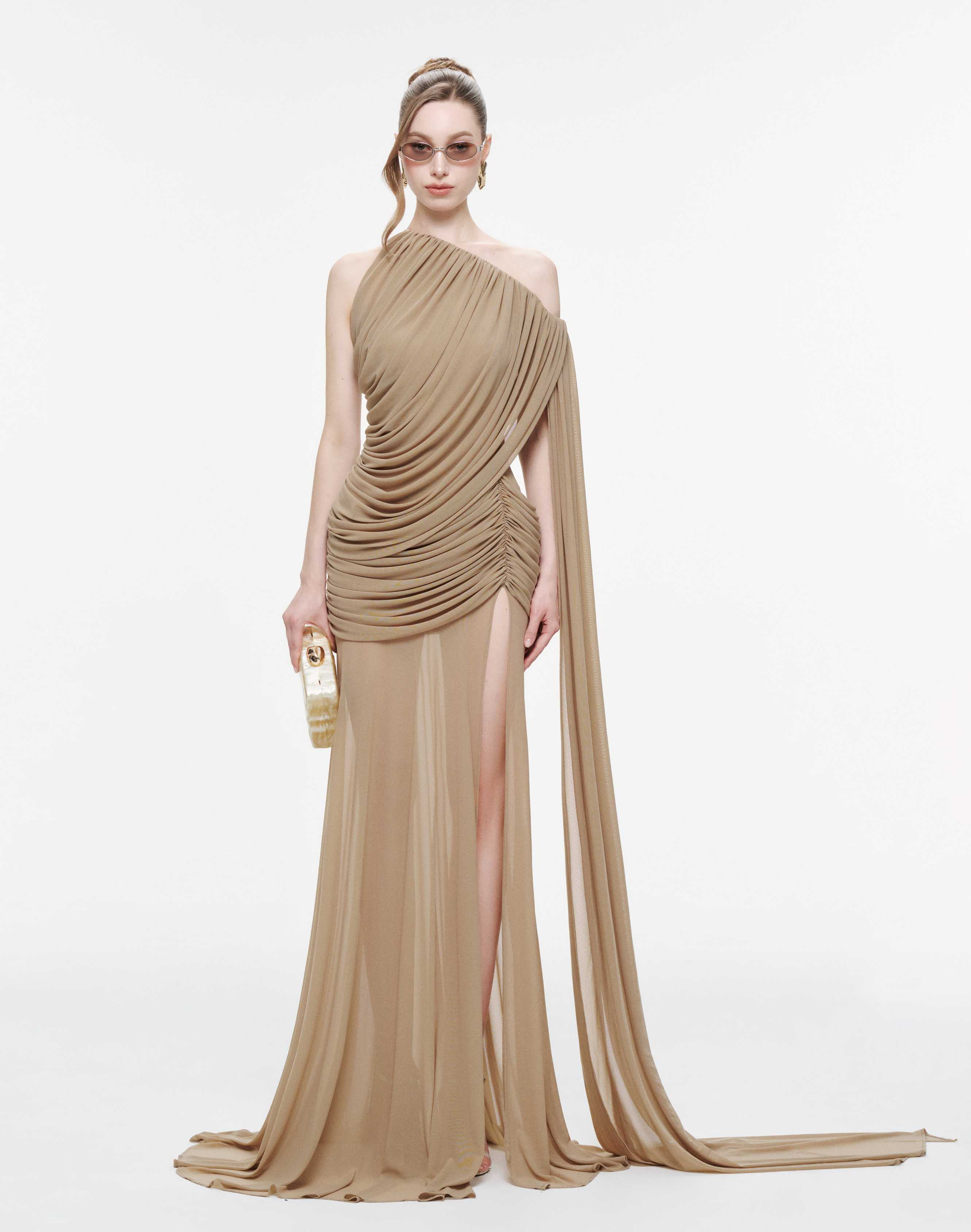 Asymmetric Ruched Mesh Dress