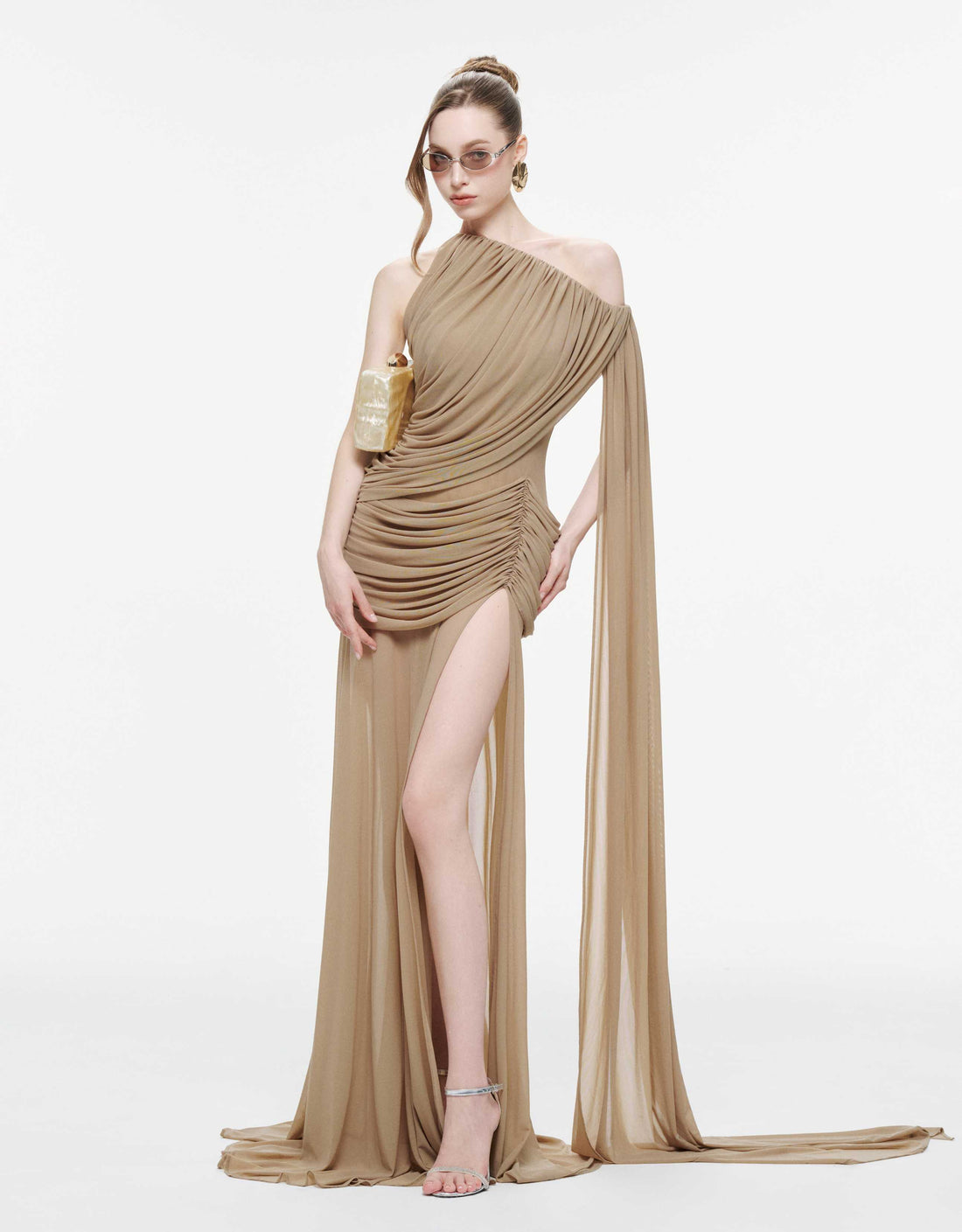 Asymmetric Ruched Mesh Dress