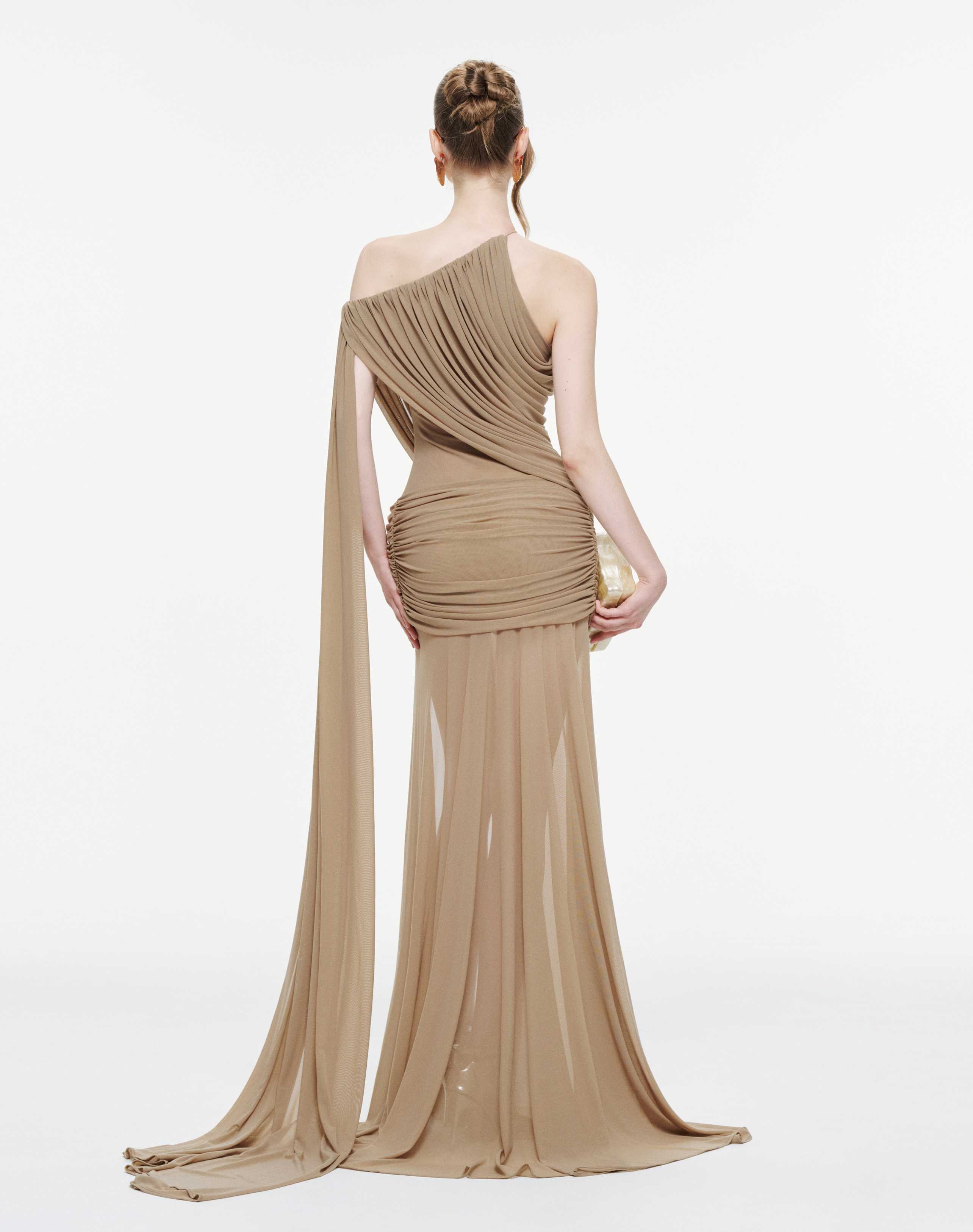 Asymmetric Ruched Mesh Dress