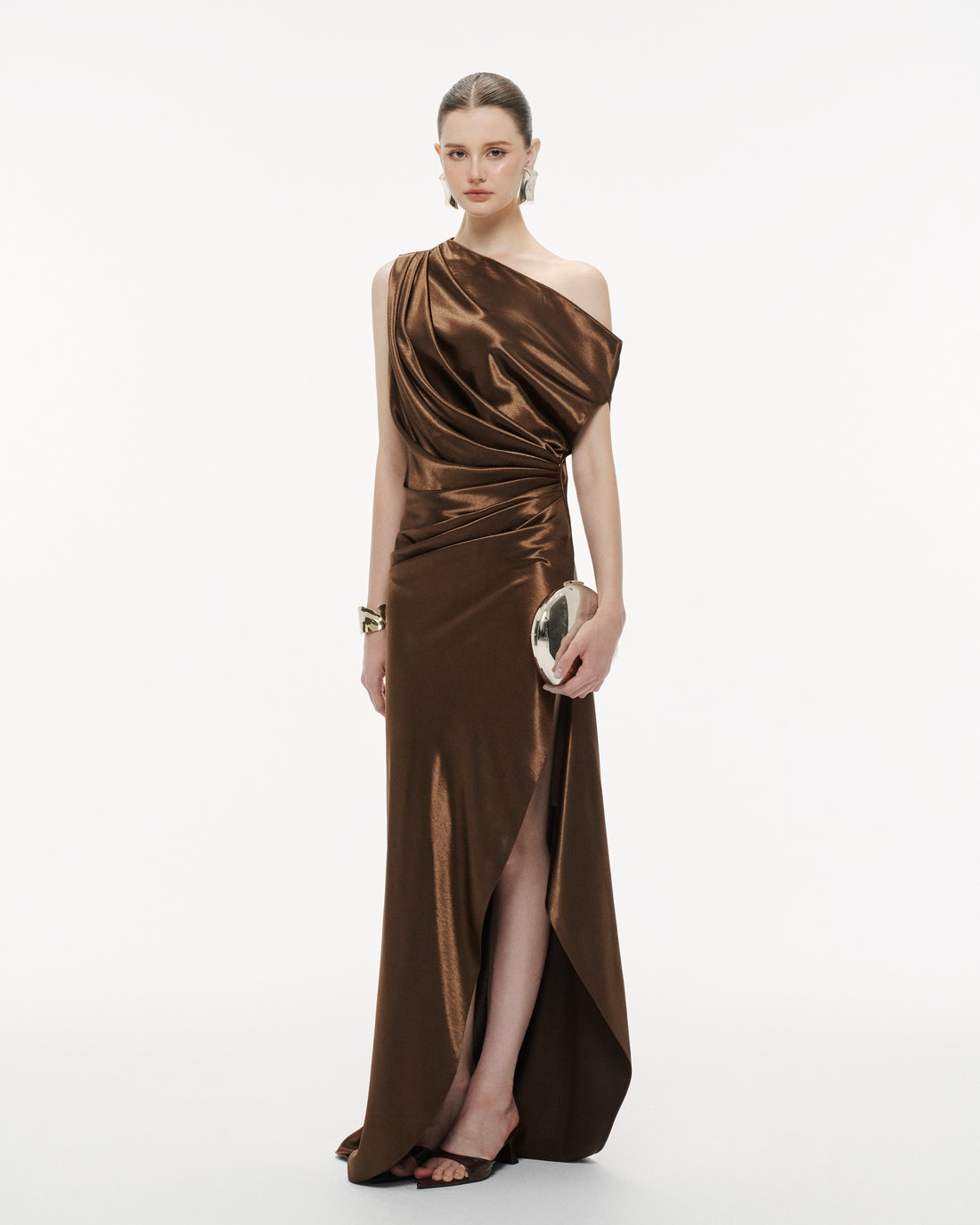 One-Shoulder Pleated Silk Dress