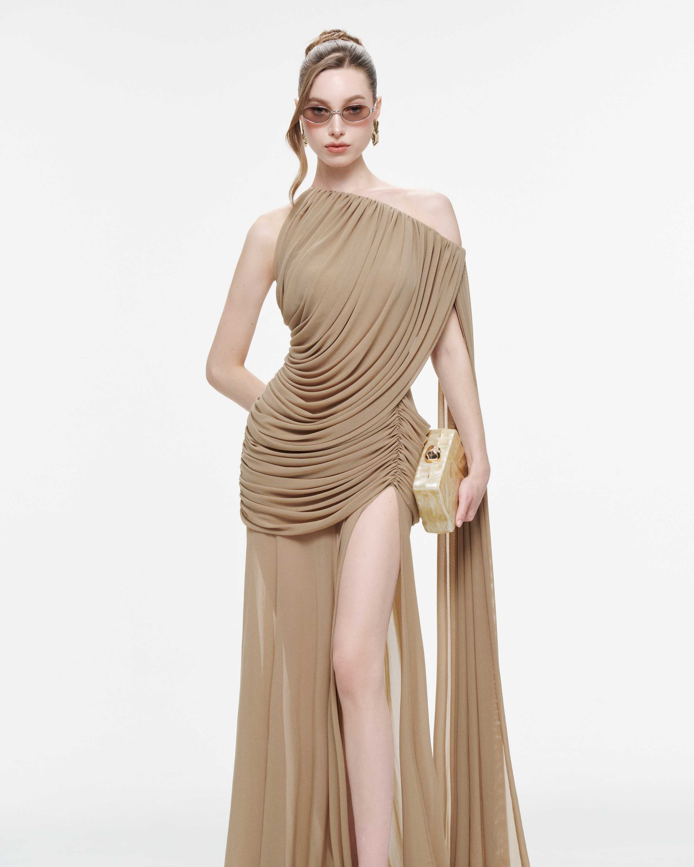 Asymmetric Ruched Mesh Dress