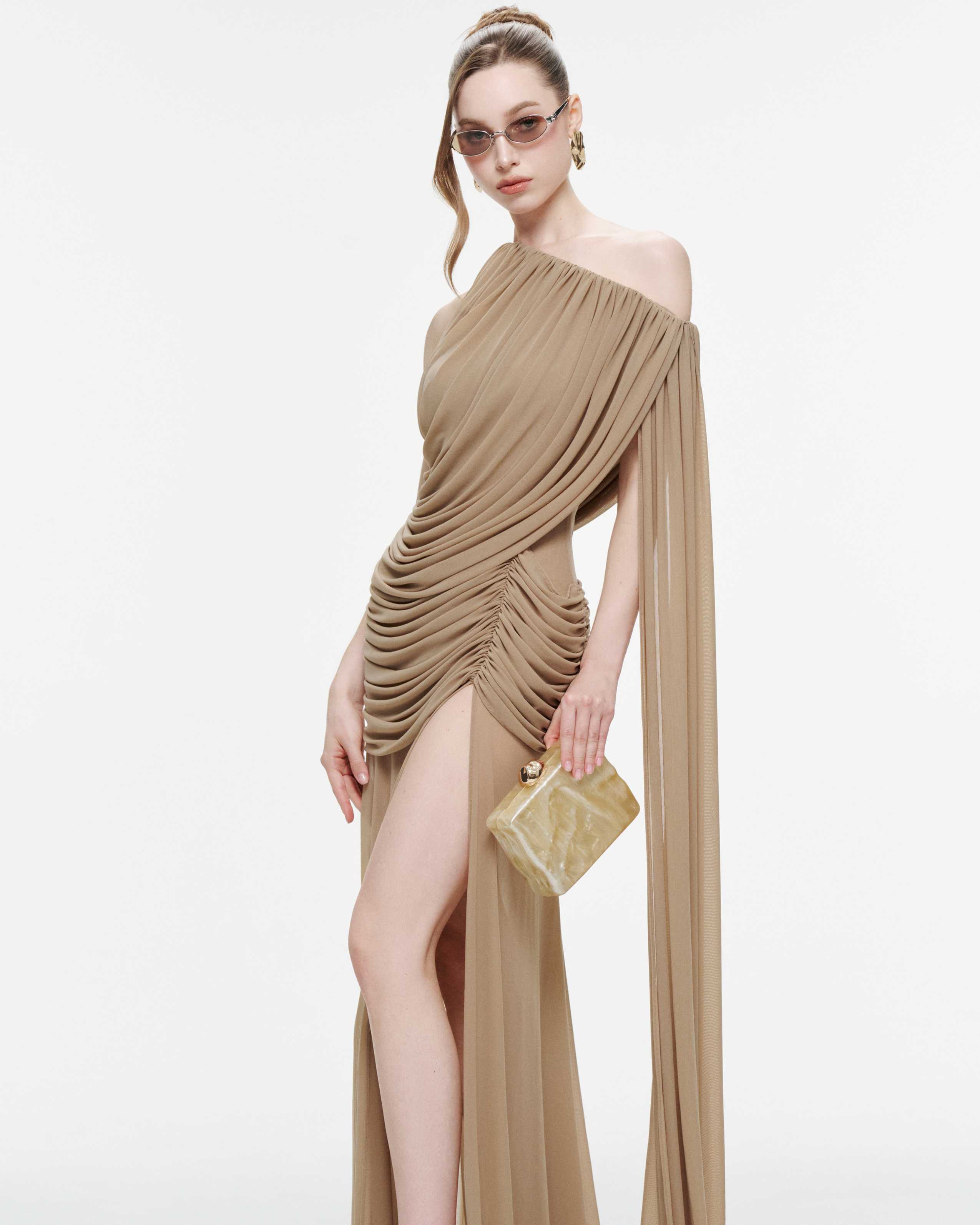 Asymmetric Ruched Mesh Dress