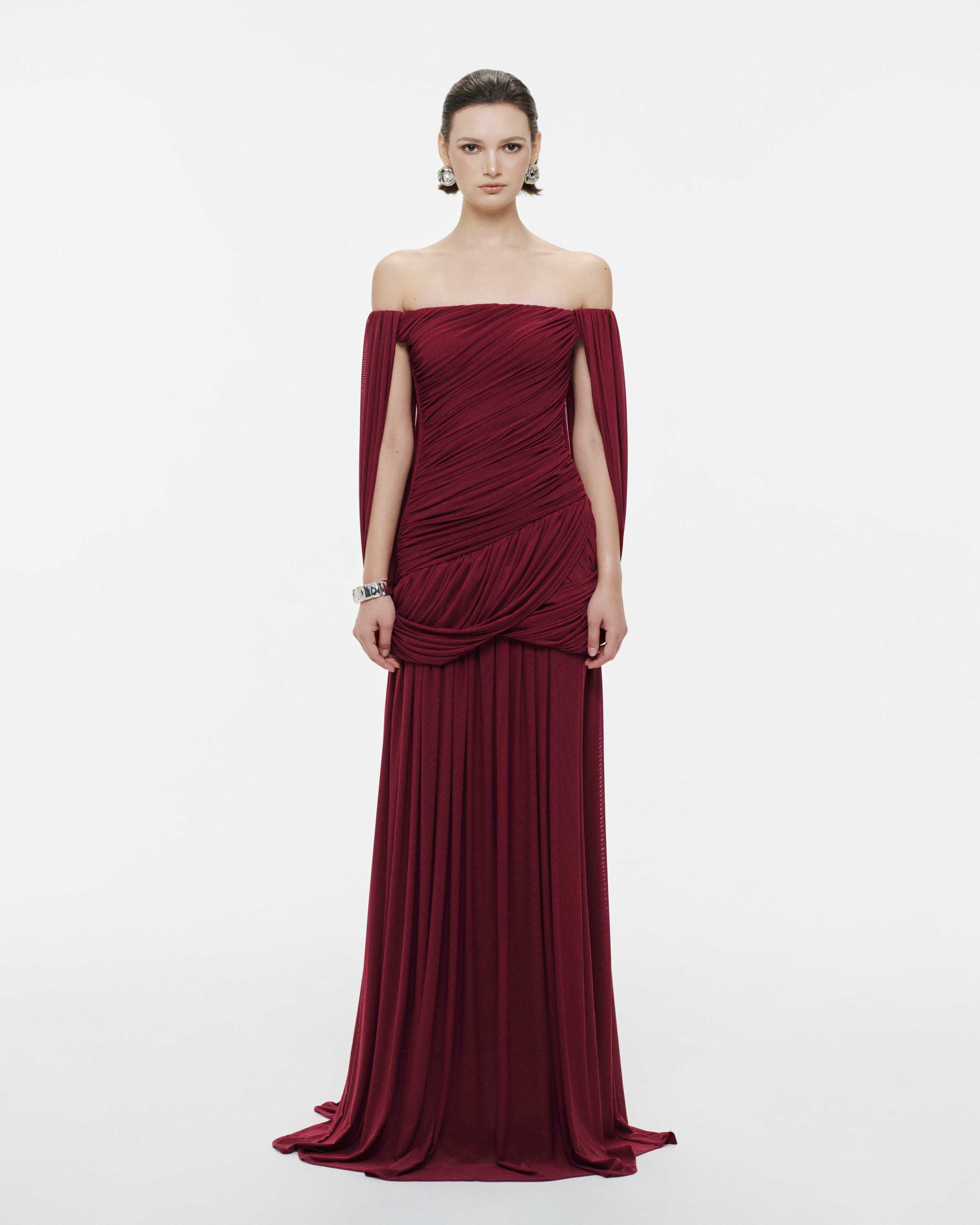 Off Shoulder Ruched Cape Dress