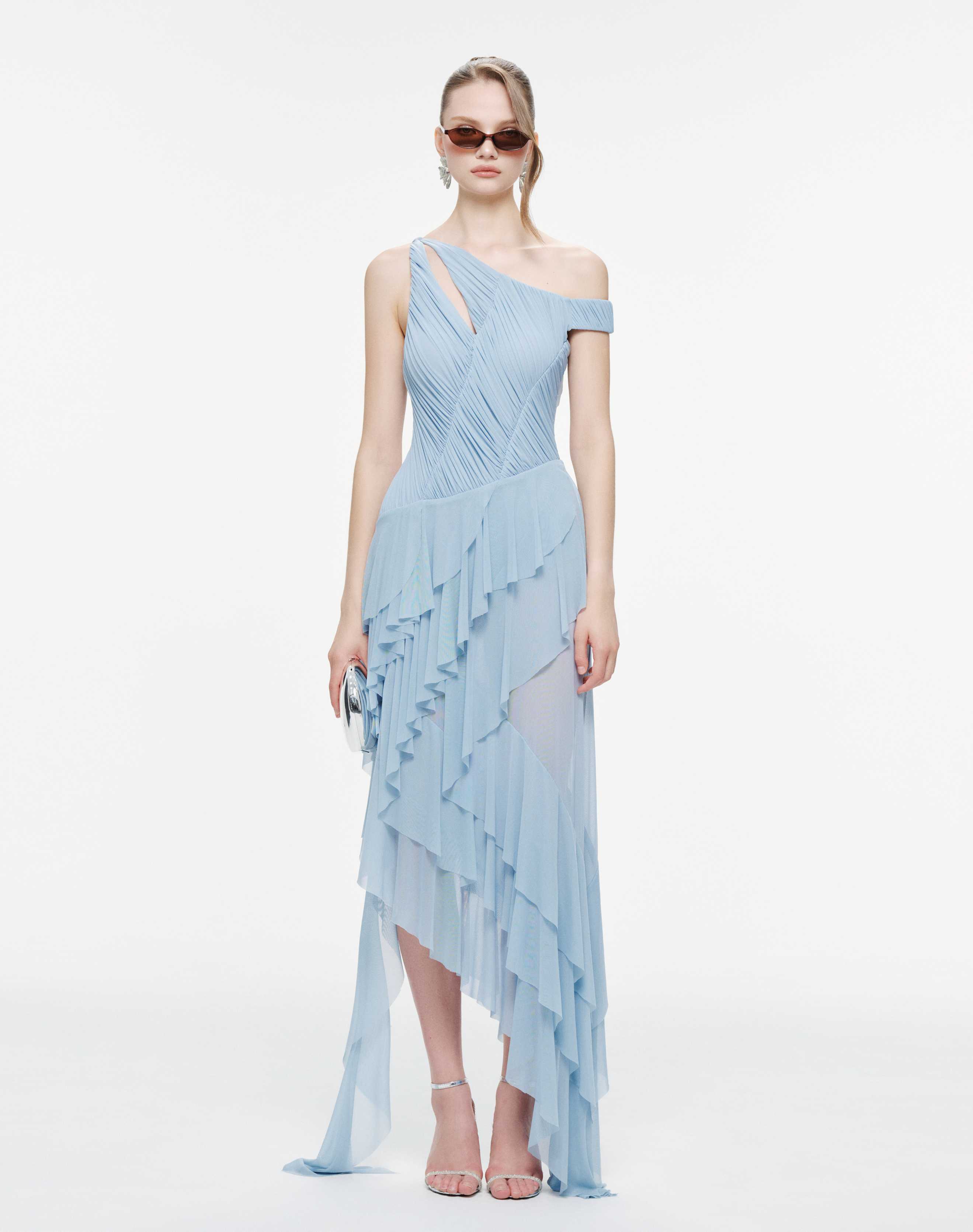 One-Shoulder Stretch Mesh Asymmetric Ruffle Dress