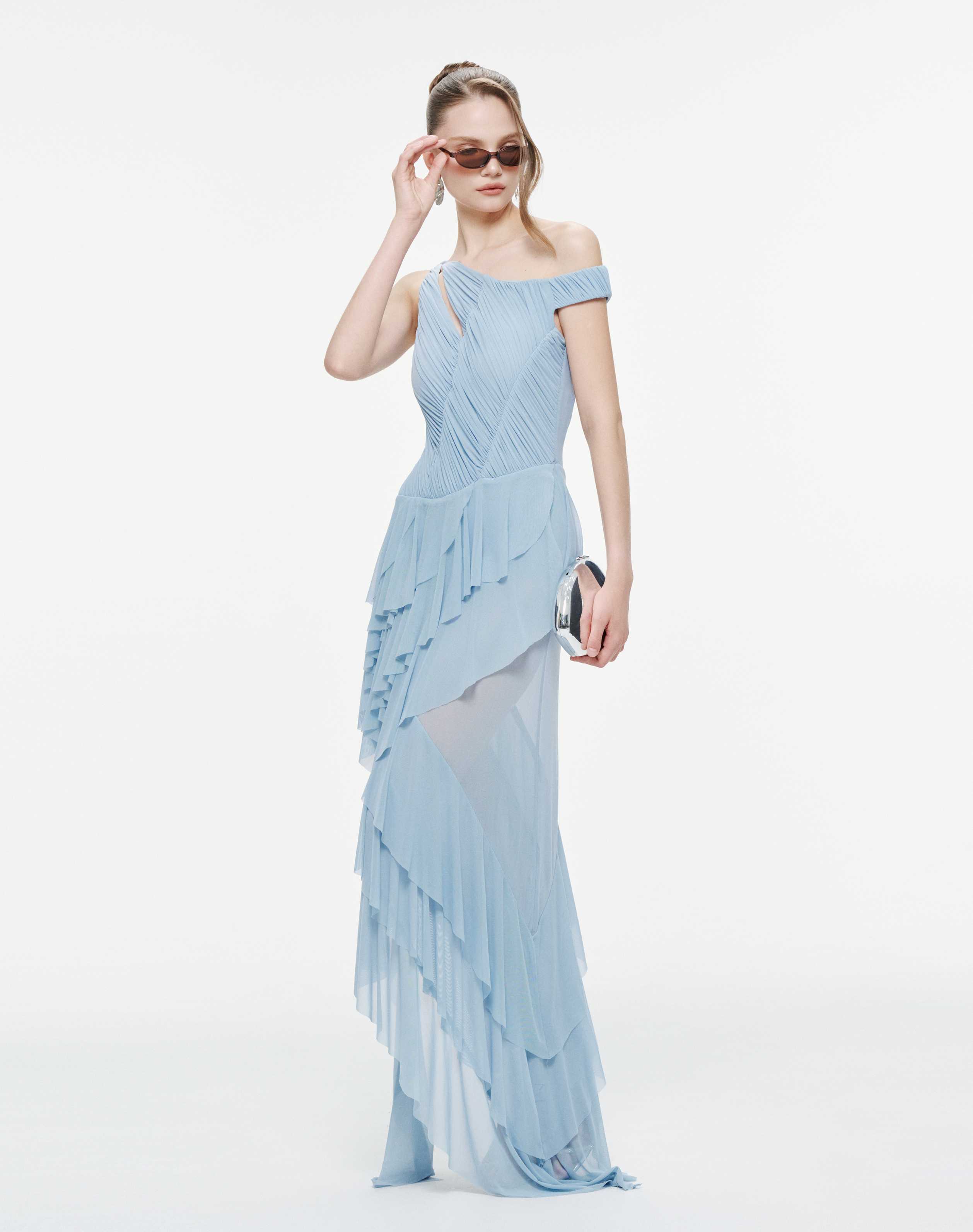 One-Shoulder Stretch Mesh Asymmetric Ruffle Dress