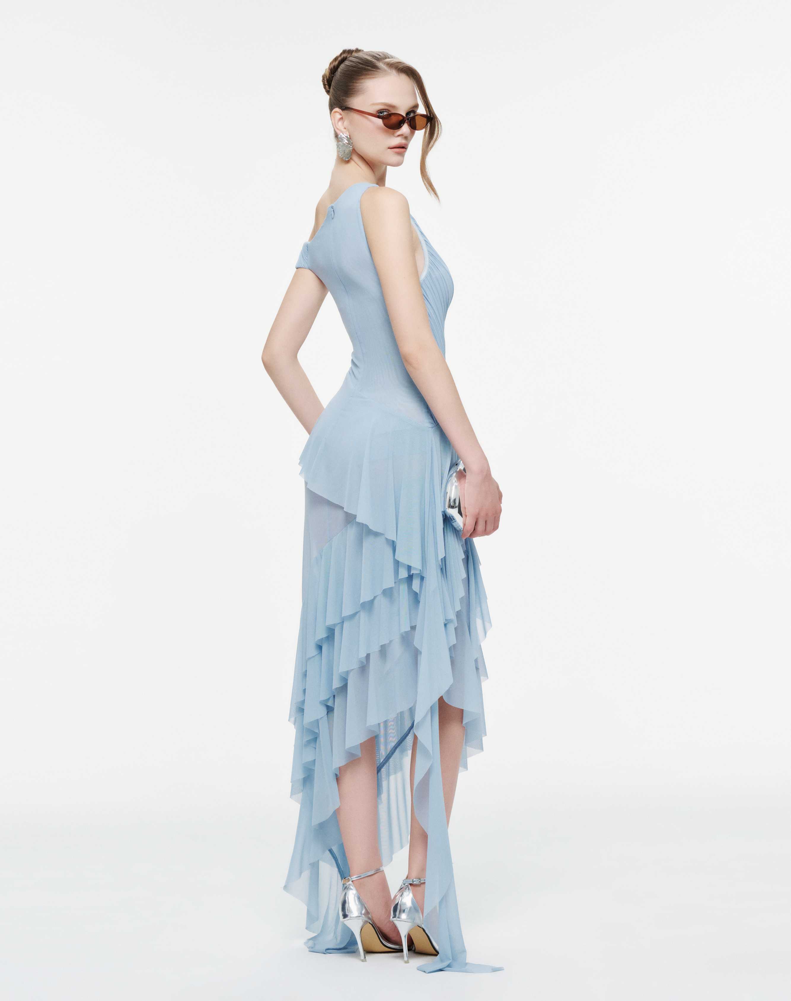 One-Shoulder Stretch Mesh Asymmetric Ruffle Dress