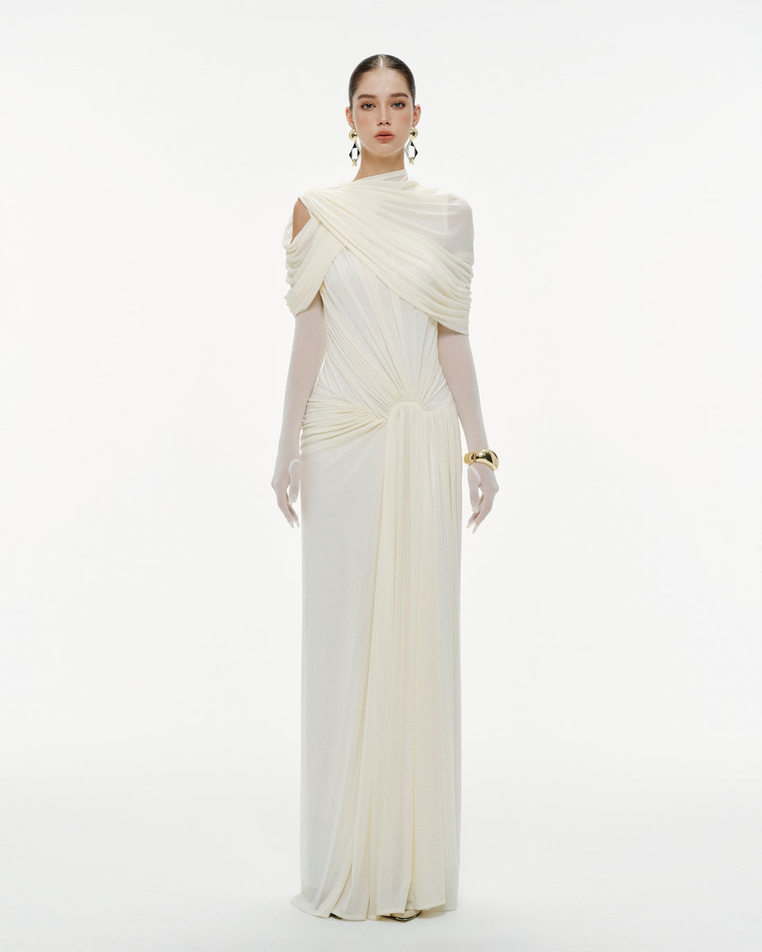 (PRE-ORDER)Draped Mesh Ruched Shoulder-Wrap Dress
