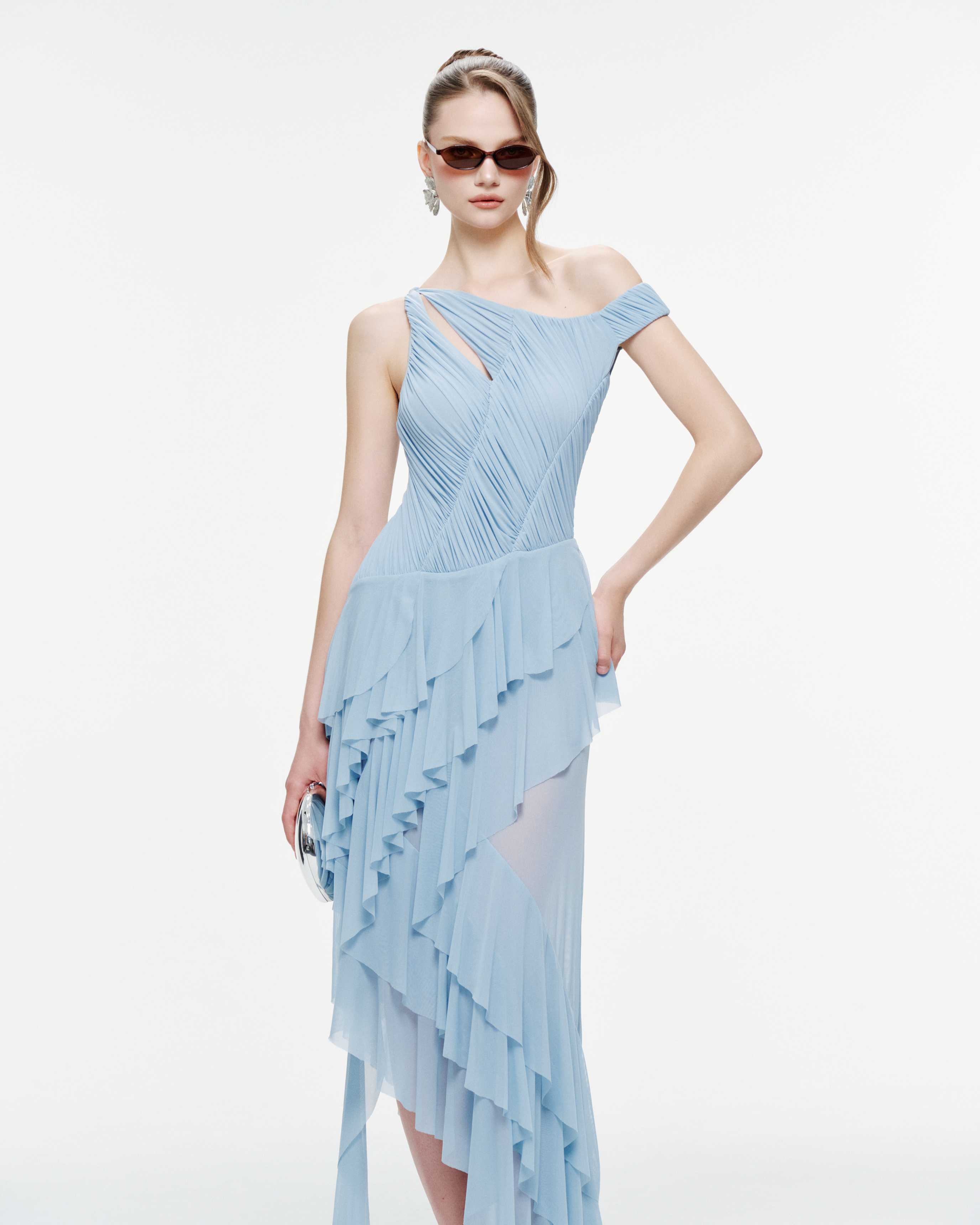 One-Shoulder Stretch Mesh Asymmetric Ruffle Dress