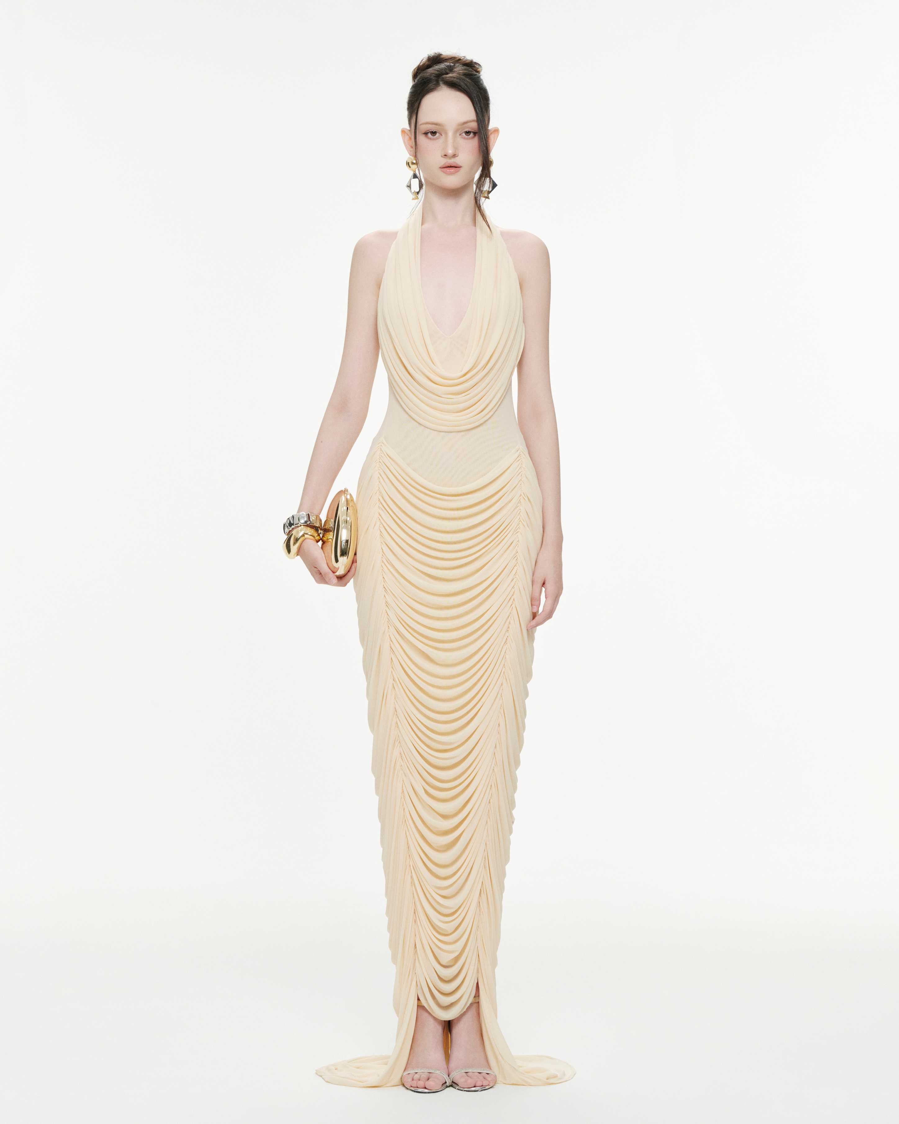Draped Halter Mermaid Mesh Dress