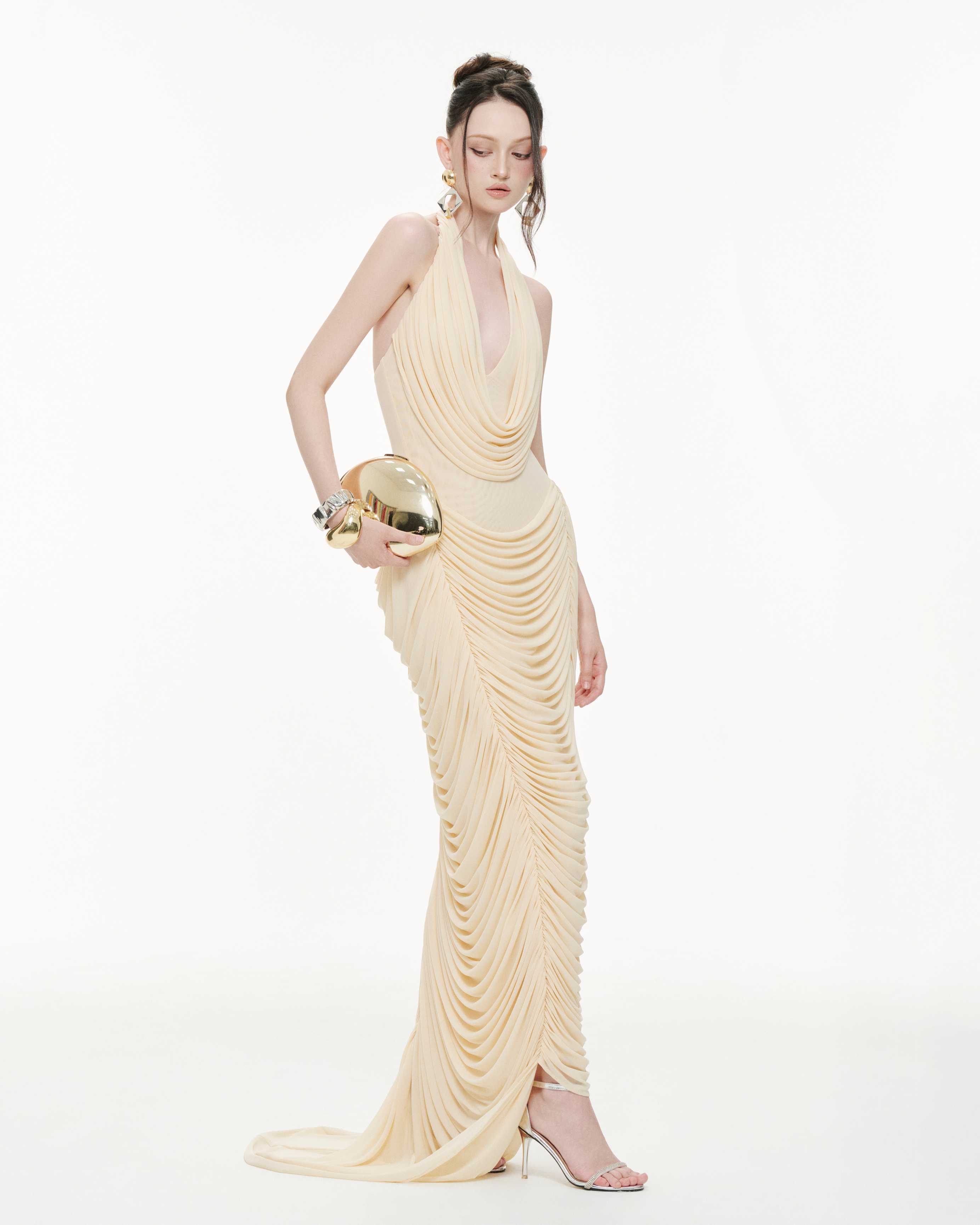 Draped Halter Mermaid Mesh Dress