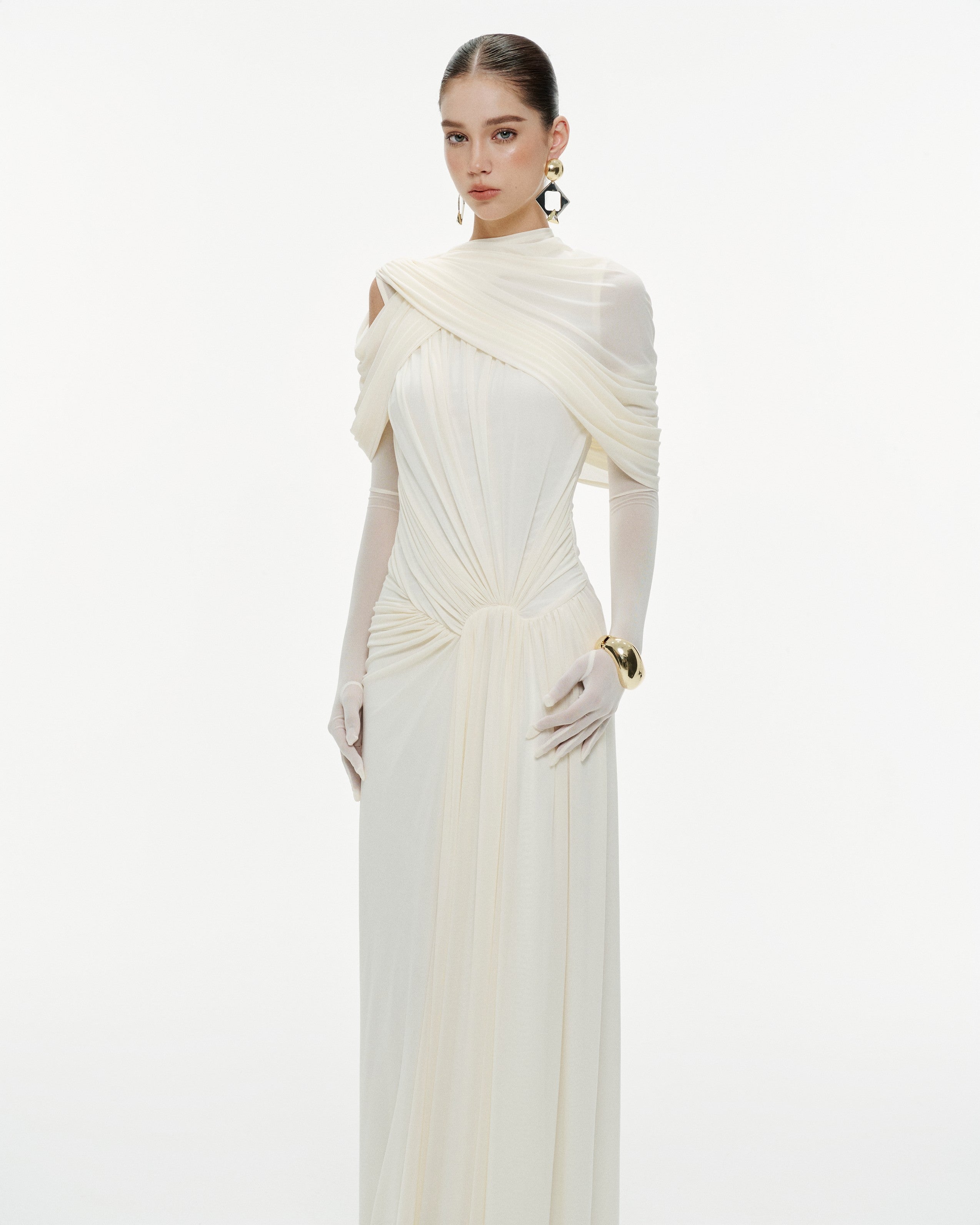 (PRE-ORDER) Draped Mesh Ruched Shoulder-Wrap Dress