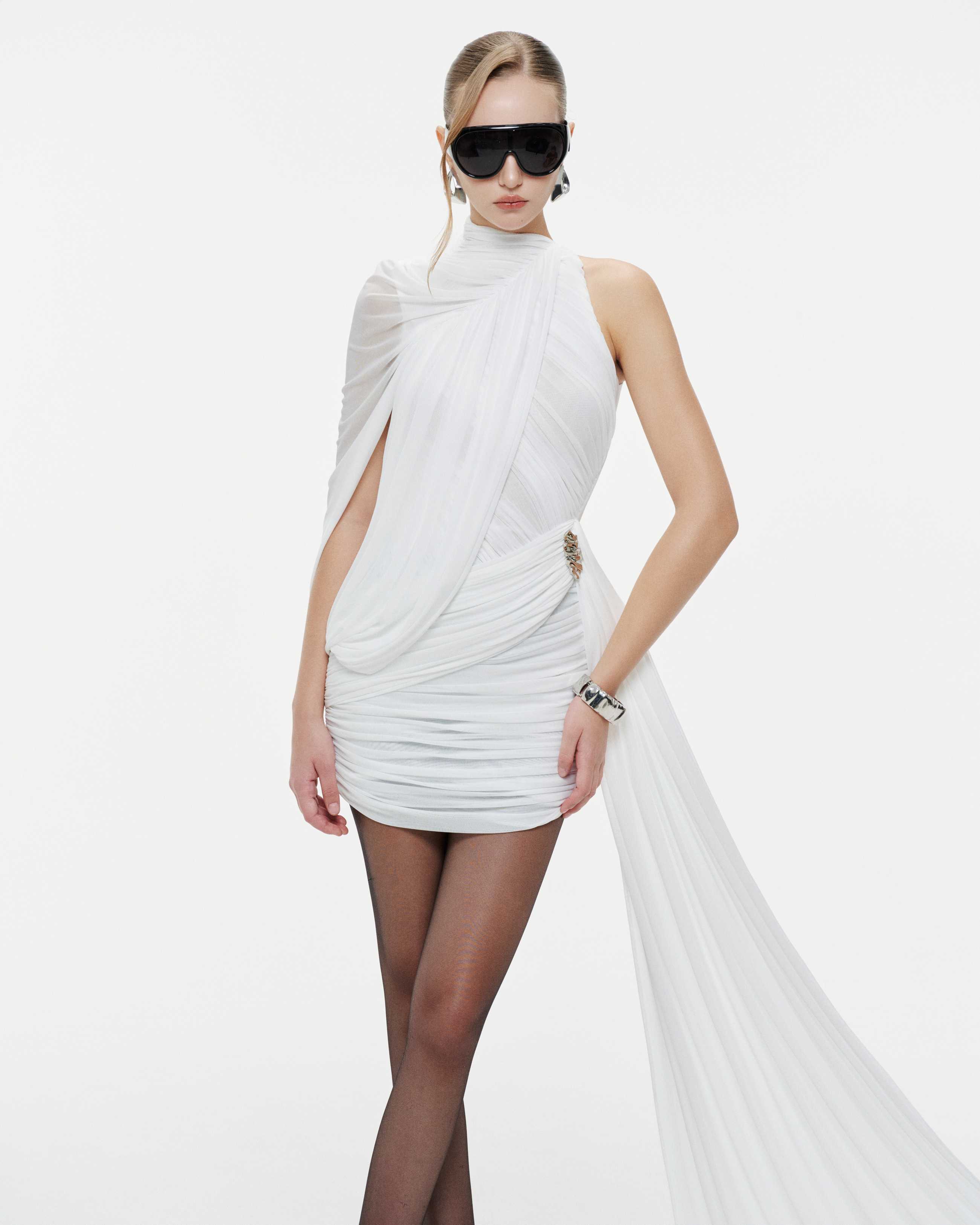 One-Shoulder Cape Ruched Asymmetric Dress