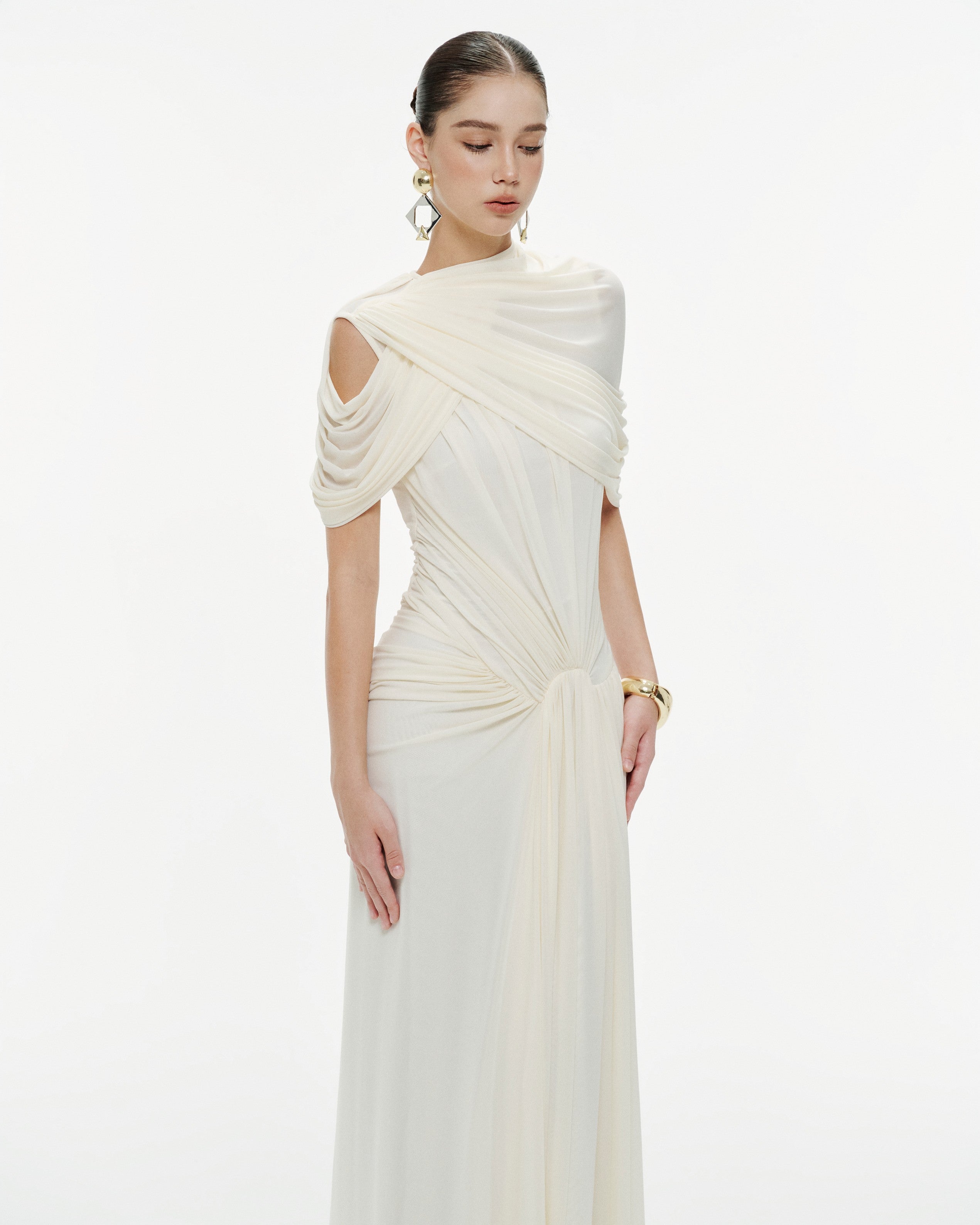 (PRE-ORDER) Draped Mesh Ruched Shoulder-Wrap Dress