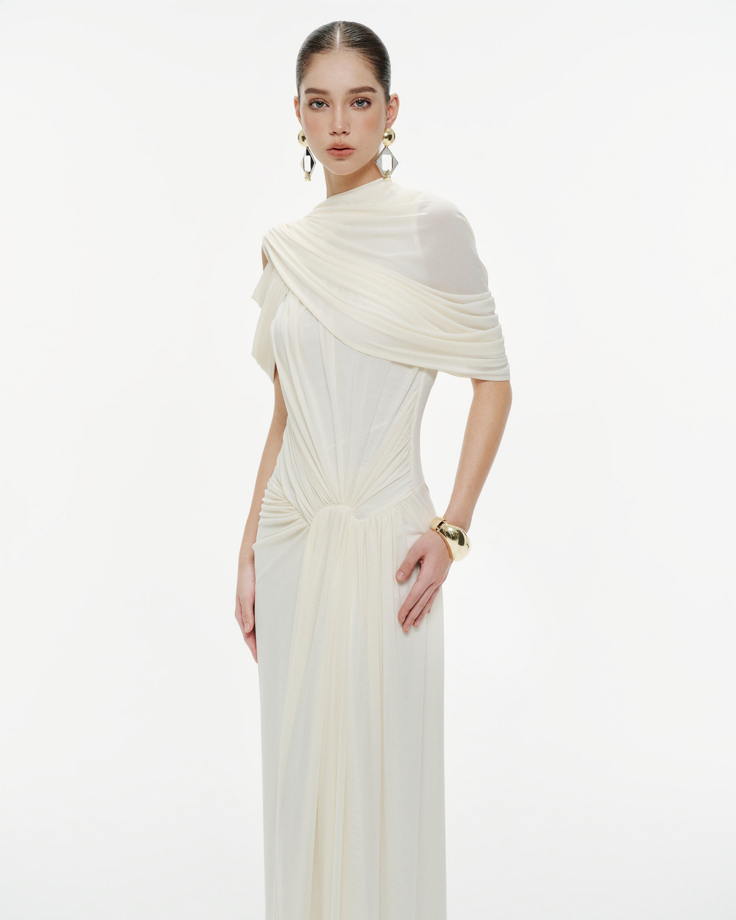 (PRE-ORDER) Draped Mesh Ruched Shoulder-Wrap Dress