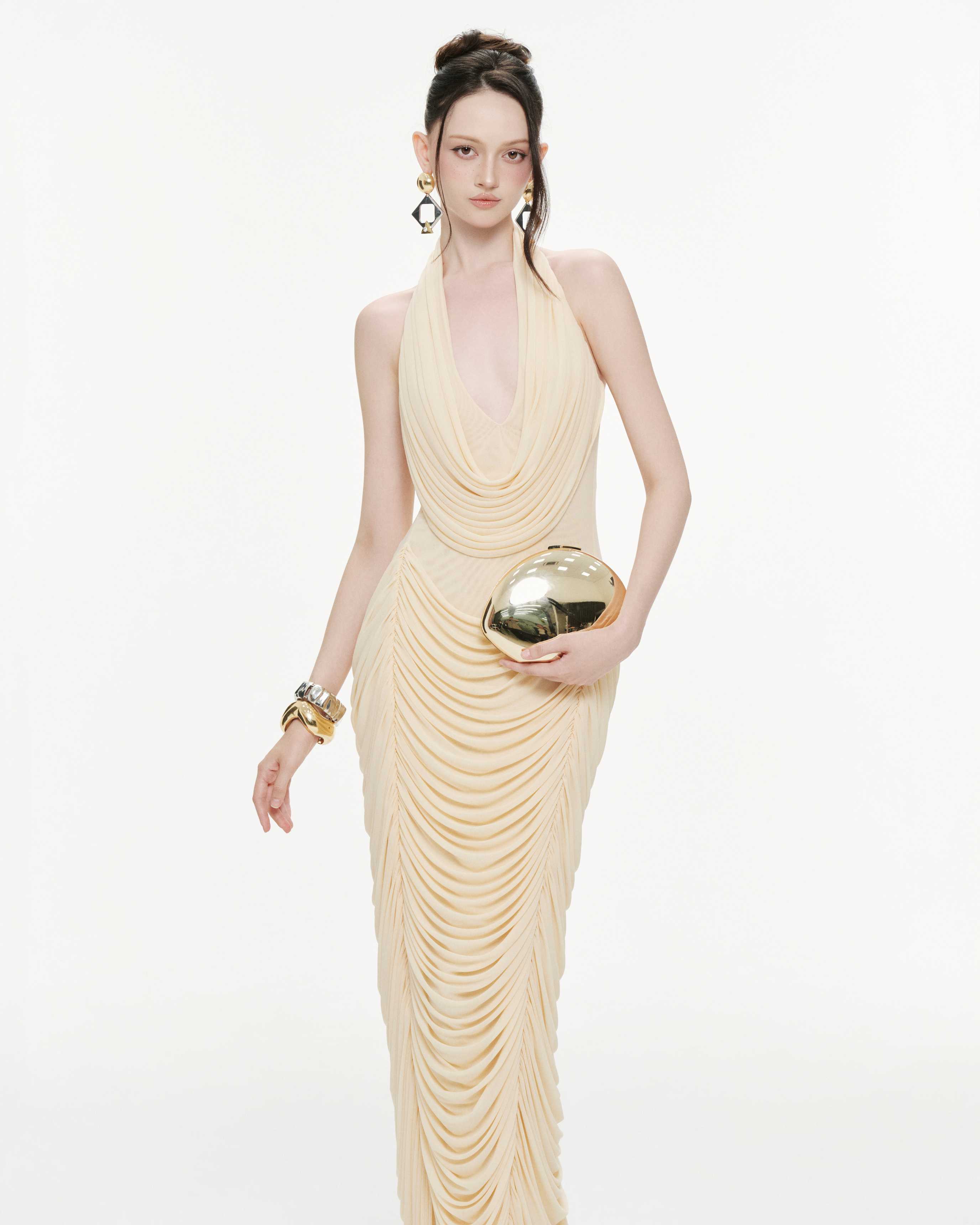 Draped Halter Mermaid Mesh Dress