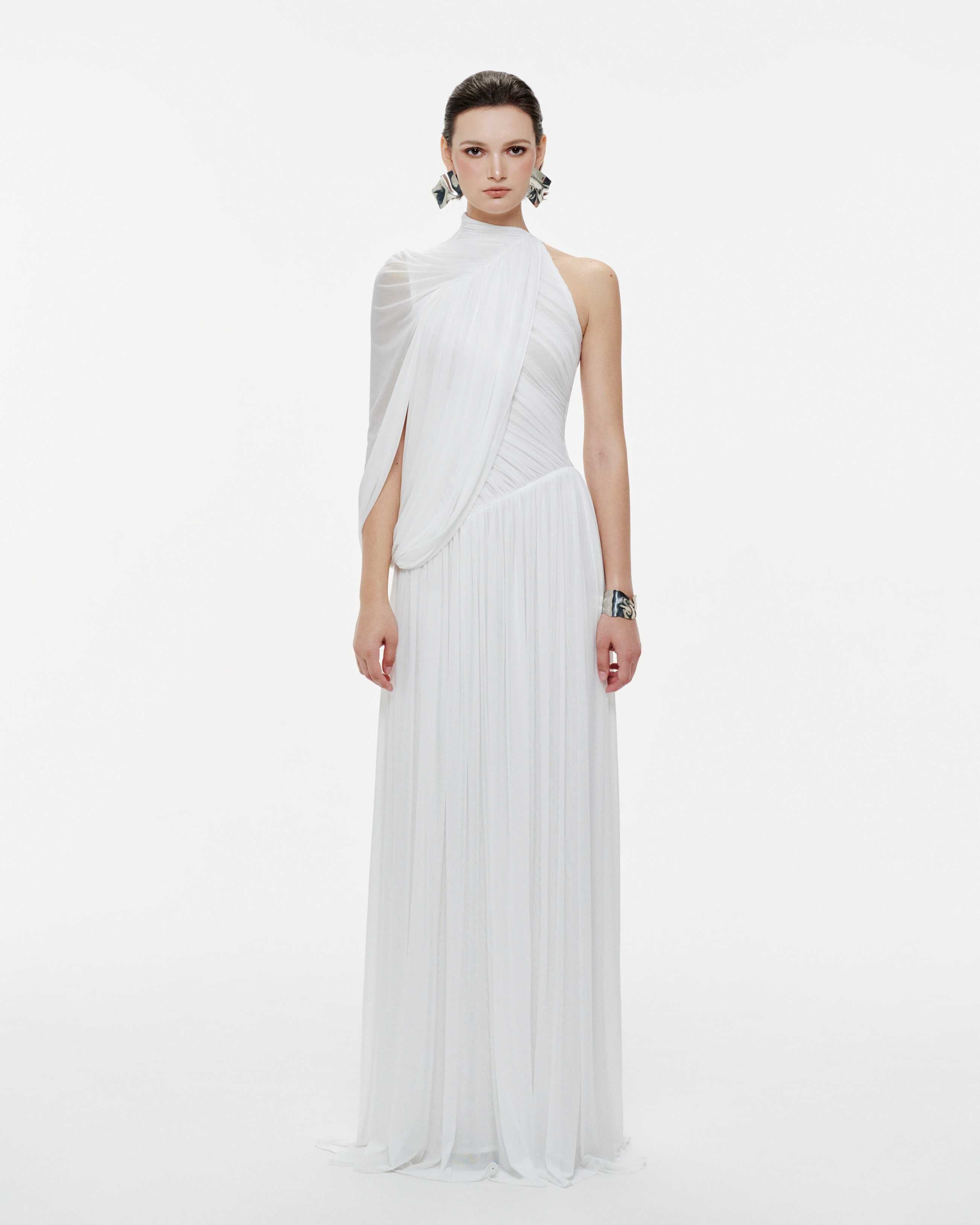 white one shoulder cape dress Goddiva One Shoulder Cape Sleeve Maxi Dress