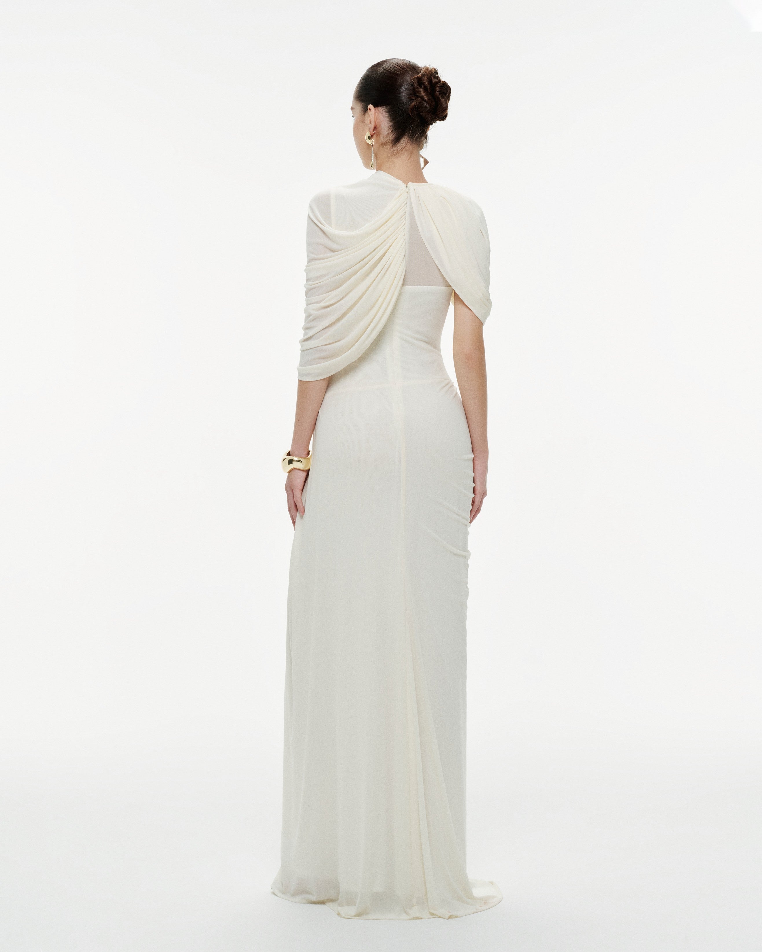 (PRE-ORDER) Draped Mesh Ruched Shoulder-Wrap Dress