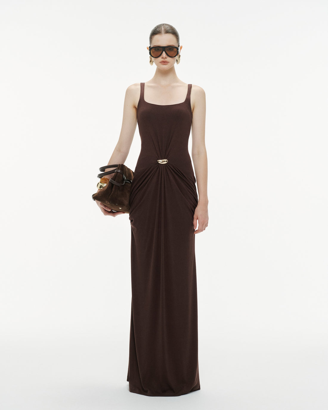 Brown Ruched Knit Dress With Gold Button