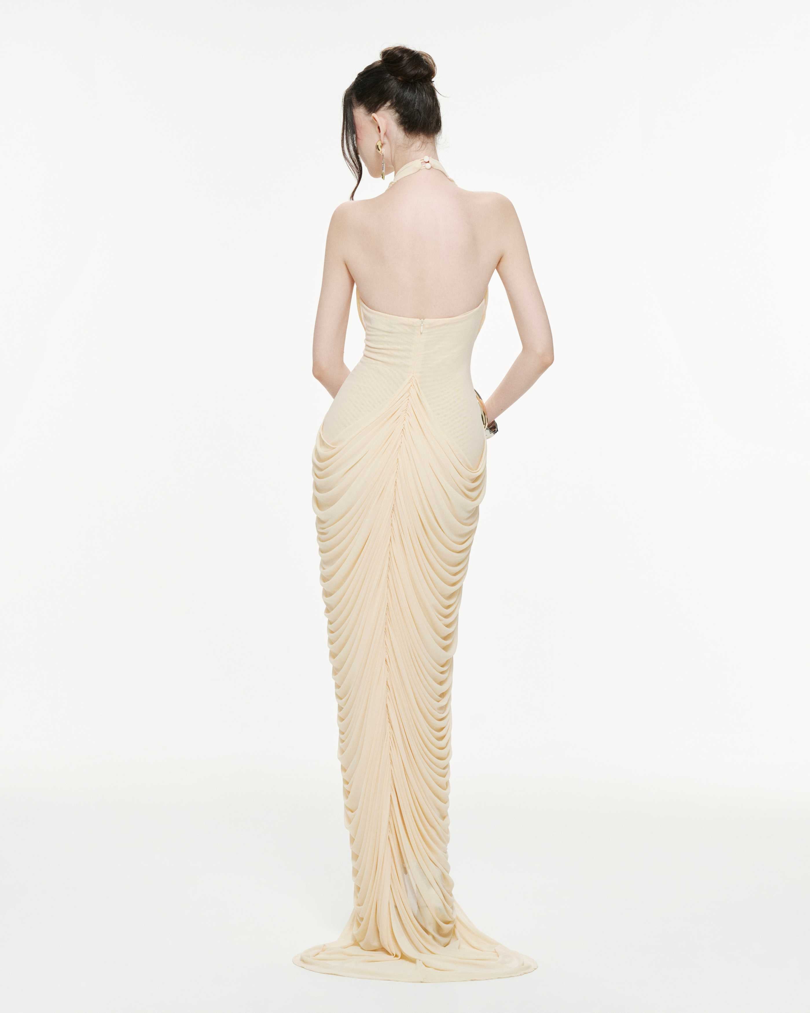 Draped Halter Mermaid Mesh Dress