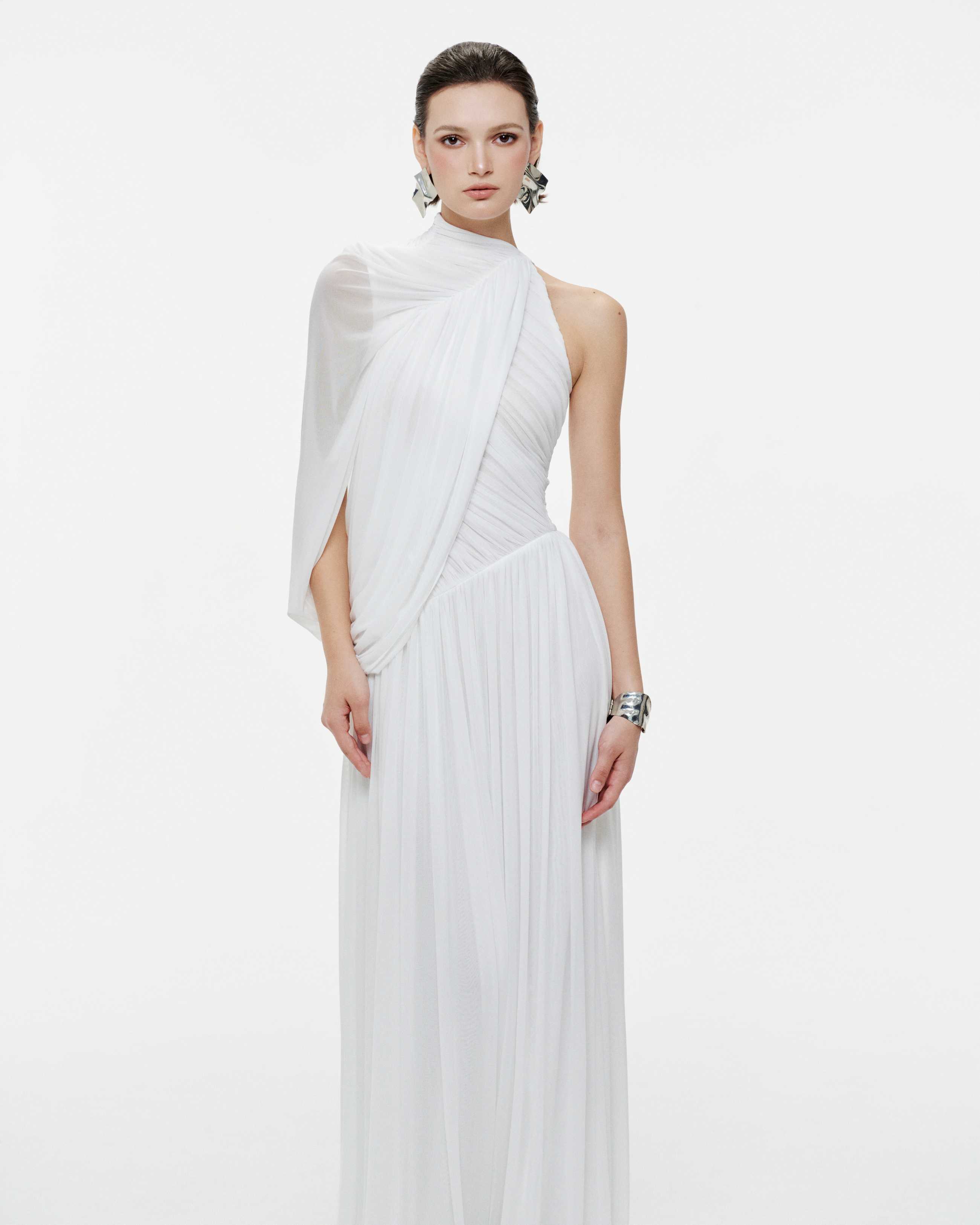 One-Shoulder Cape Ruched Flared Dress