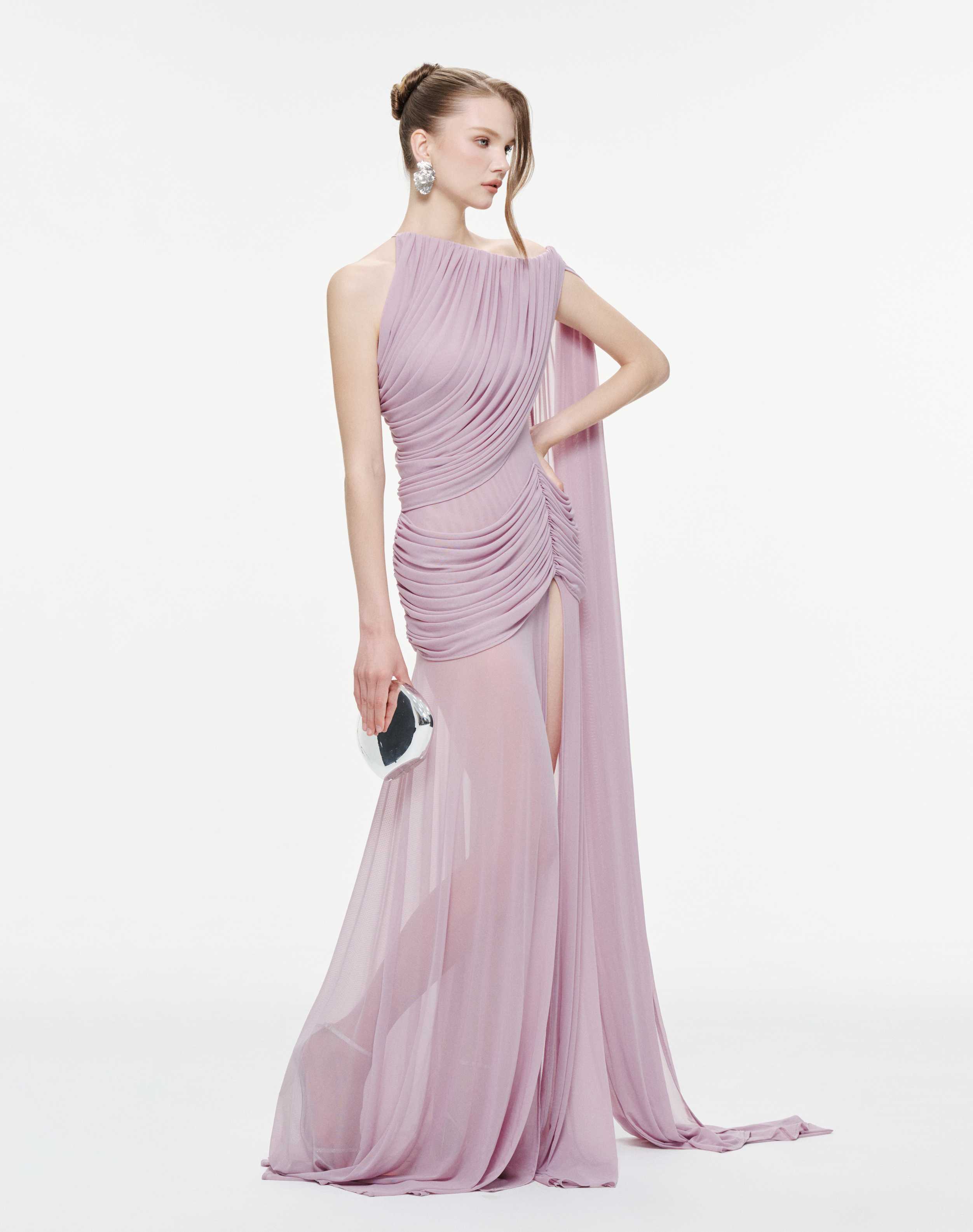 Asymmetric Ruched Mesh Dress