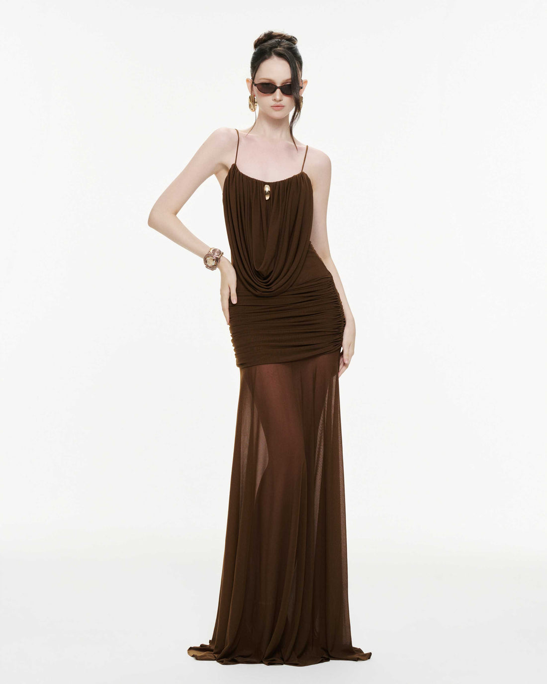 Cowl-Neck Ruched Stretch Mesh Gown