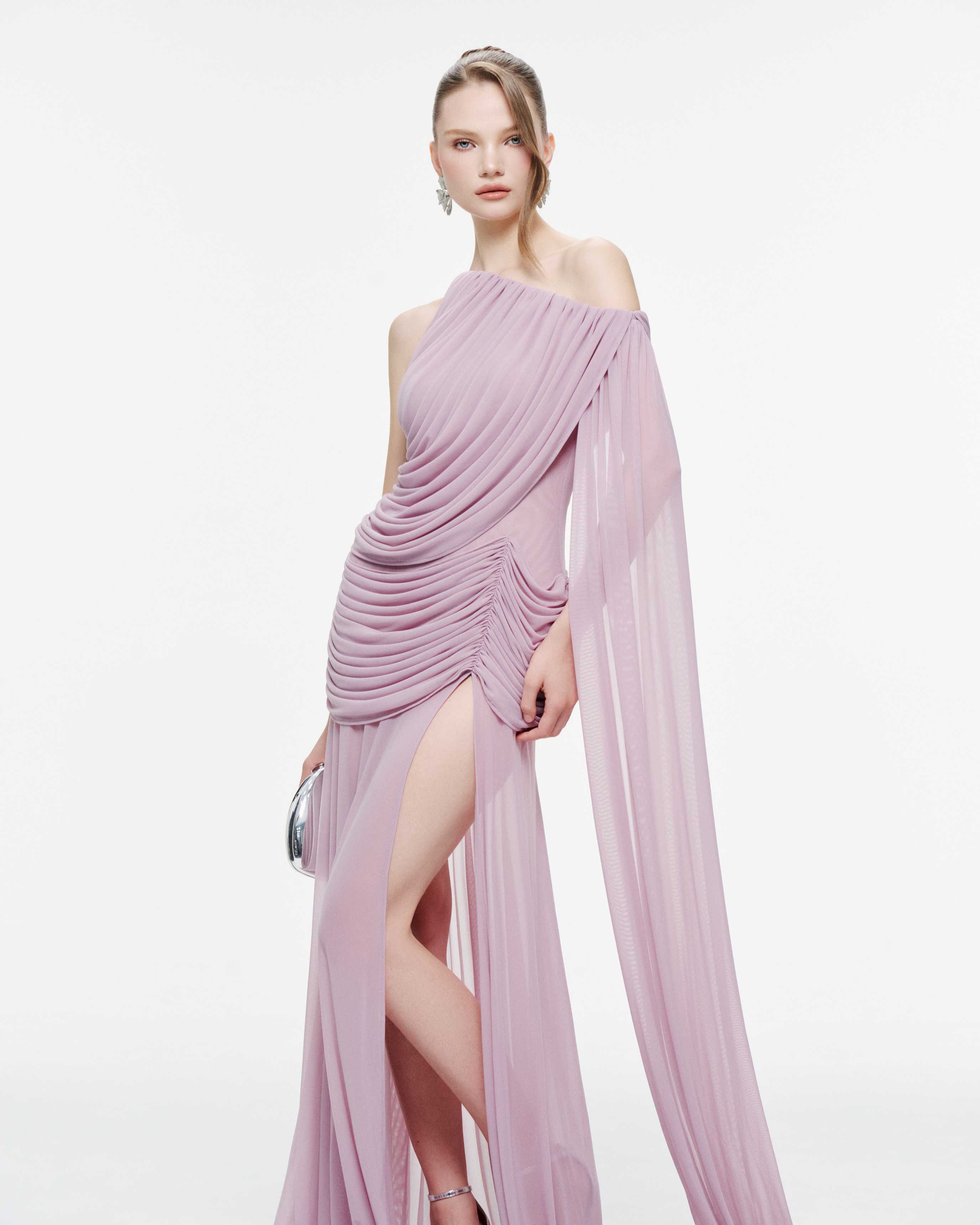 Asymmetric Ruched Mesh Dress