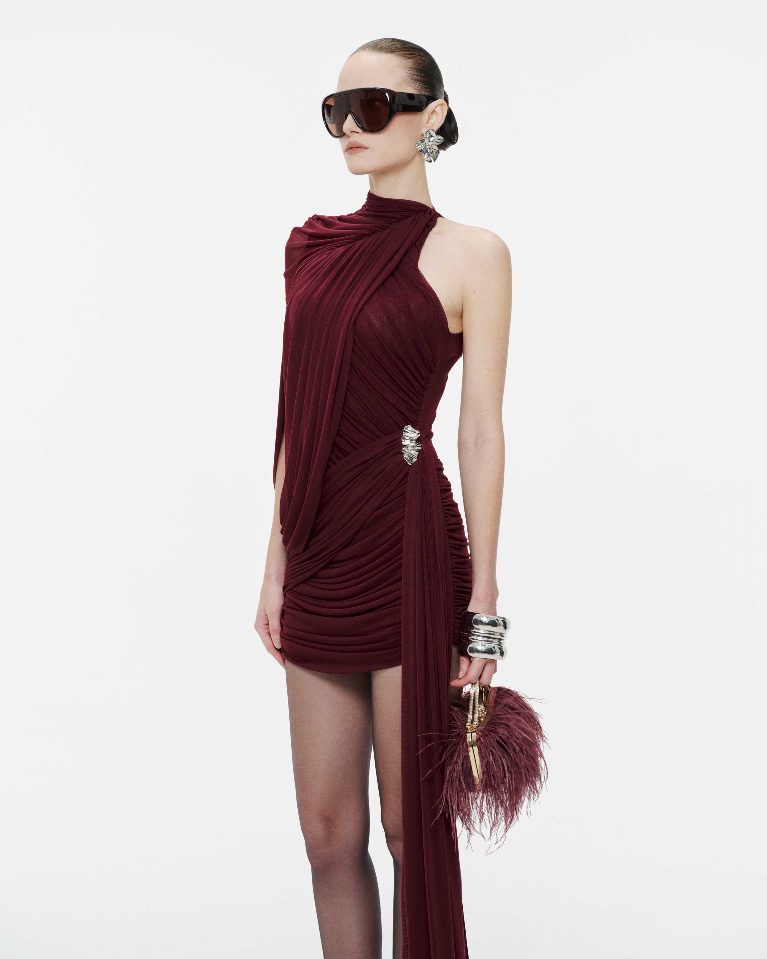 One-Shoulder Cape Ruched Asymmetric Dress