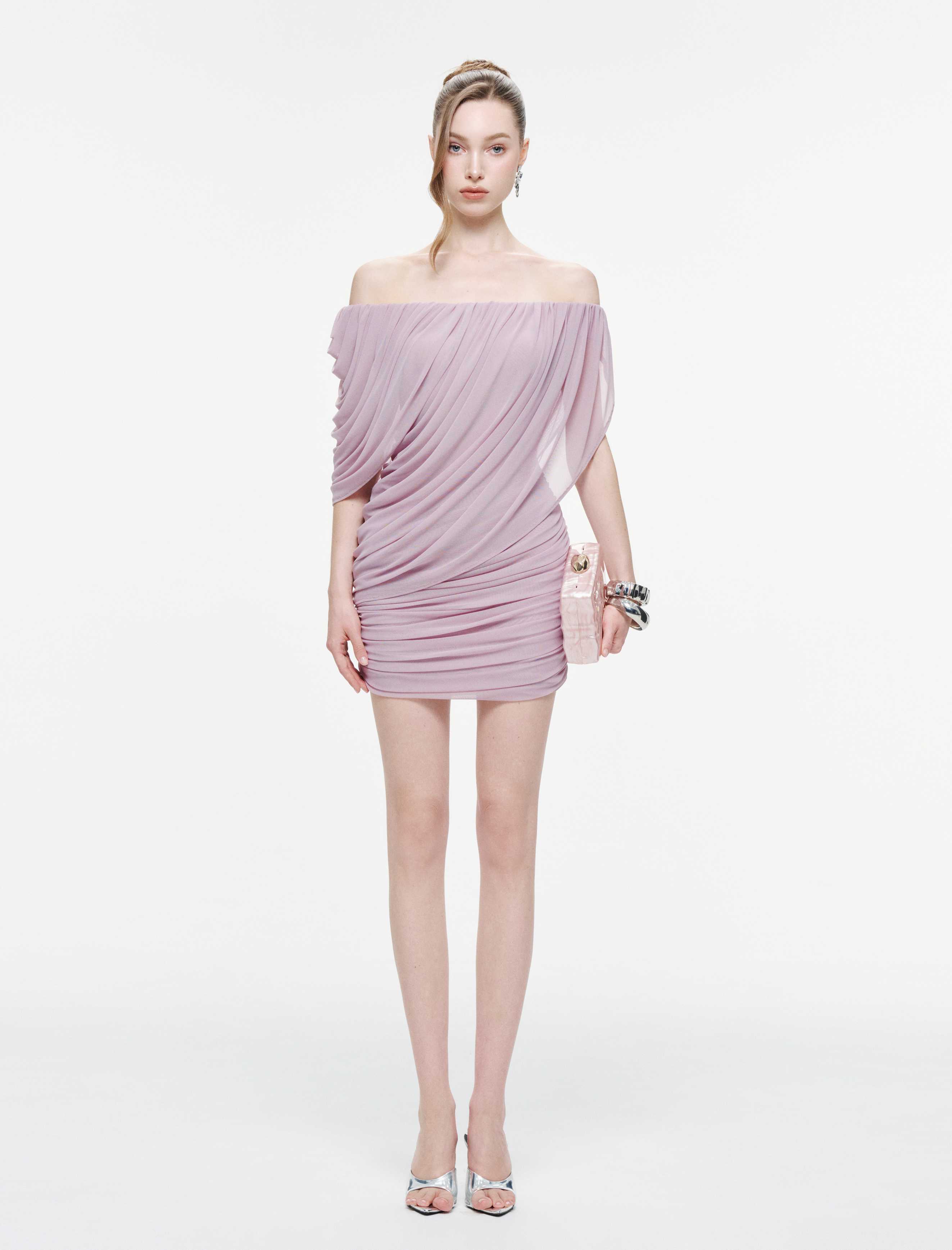 Off-Shoulder Asymmetric Draped Mini Dress – MOLLYNISTA