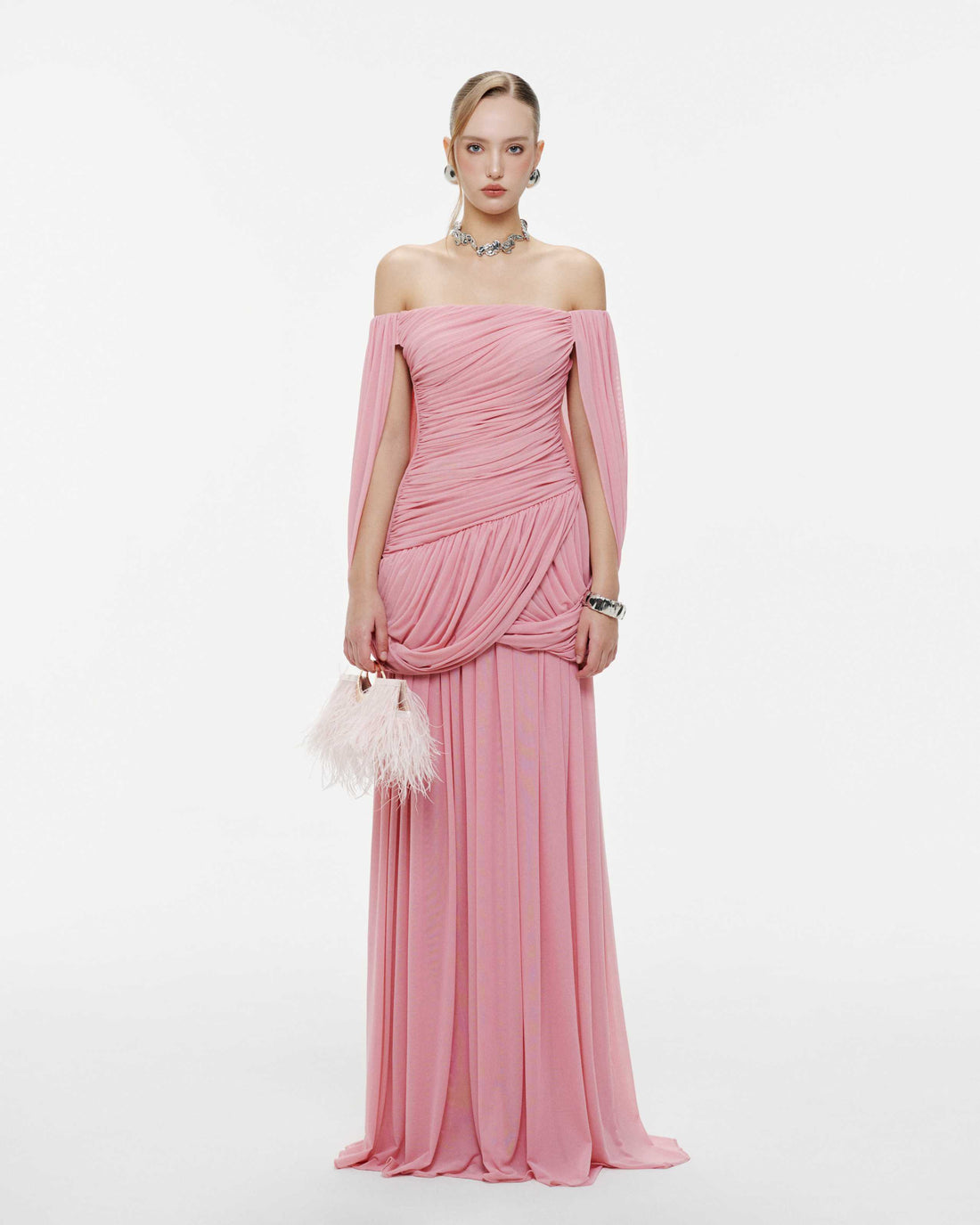 Off Shoulder Ruched Cape Dress