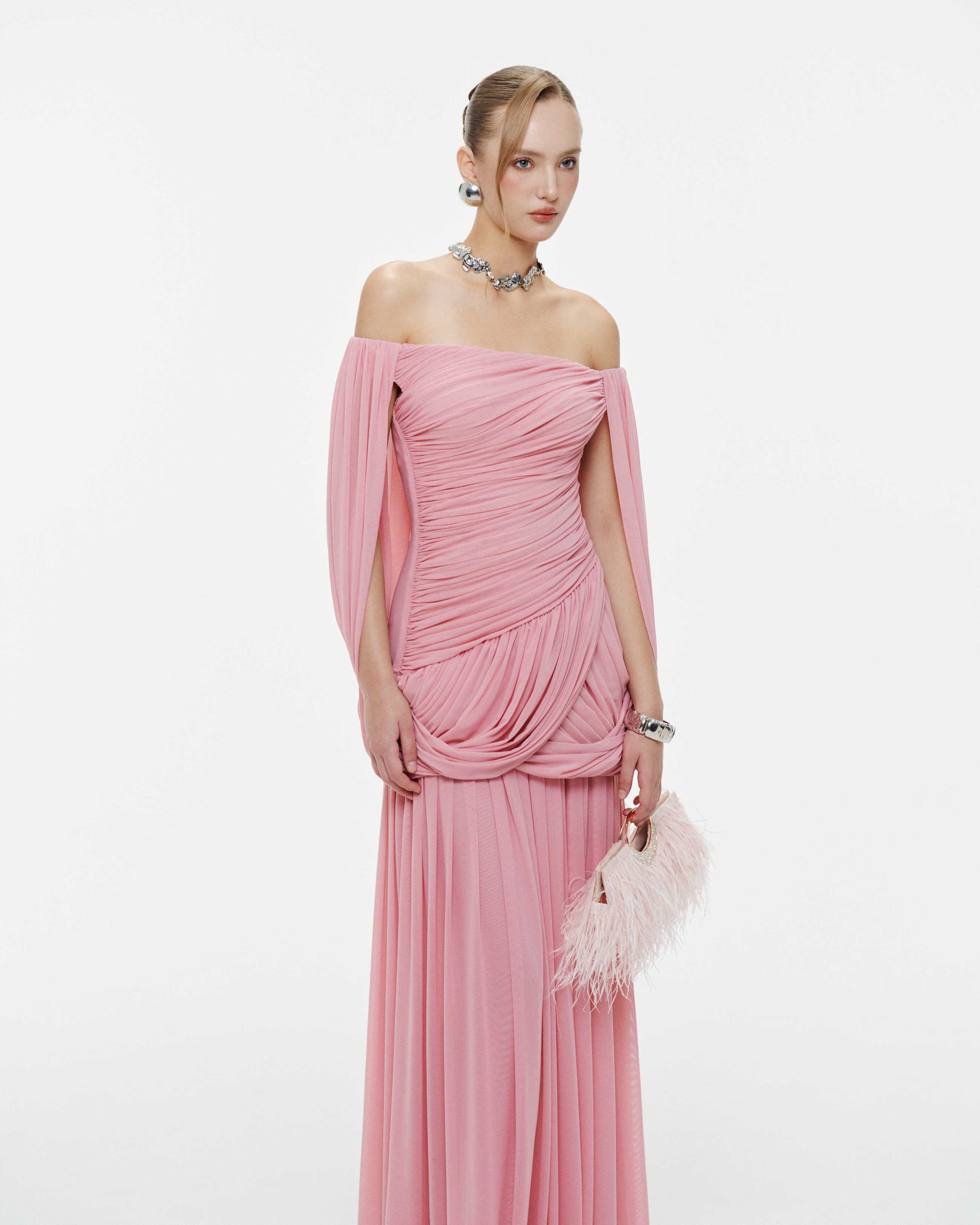 Off Shoulder Ruched Cape Dress