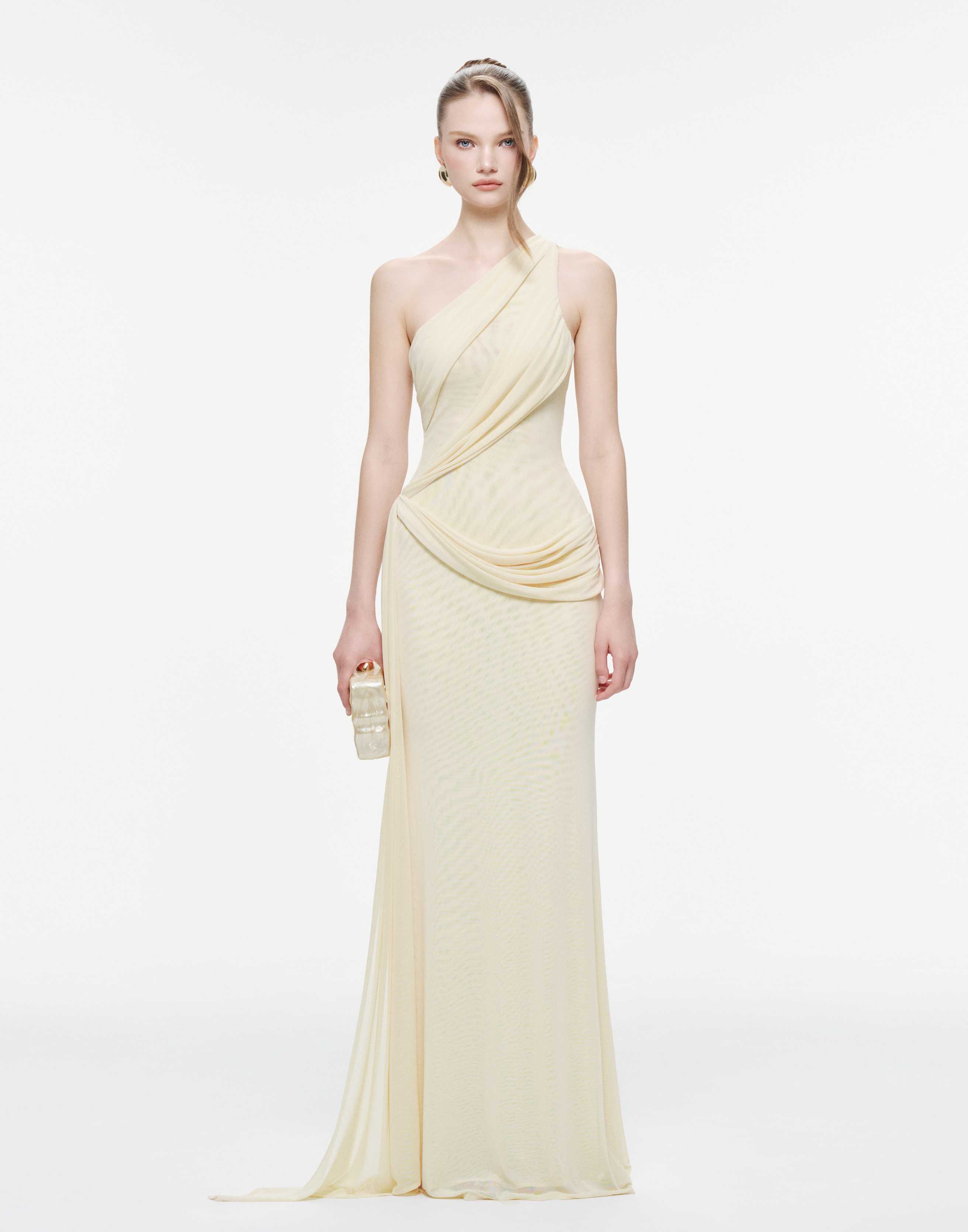 One-Shoulder Draped Mesh Dress