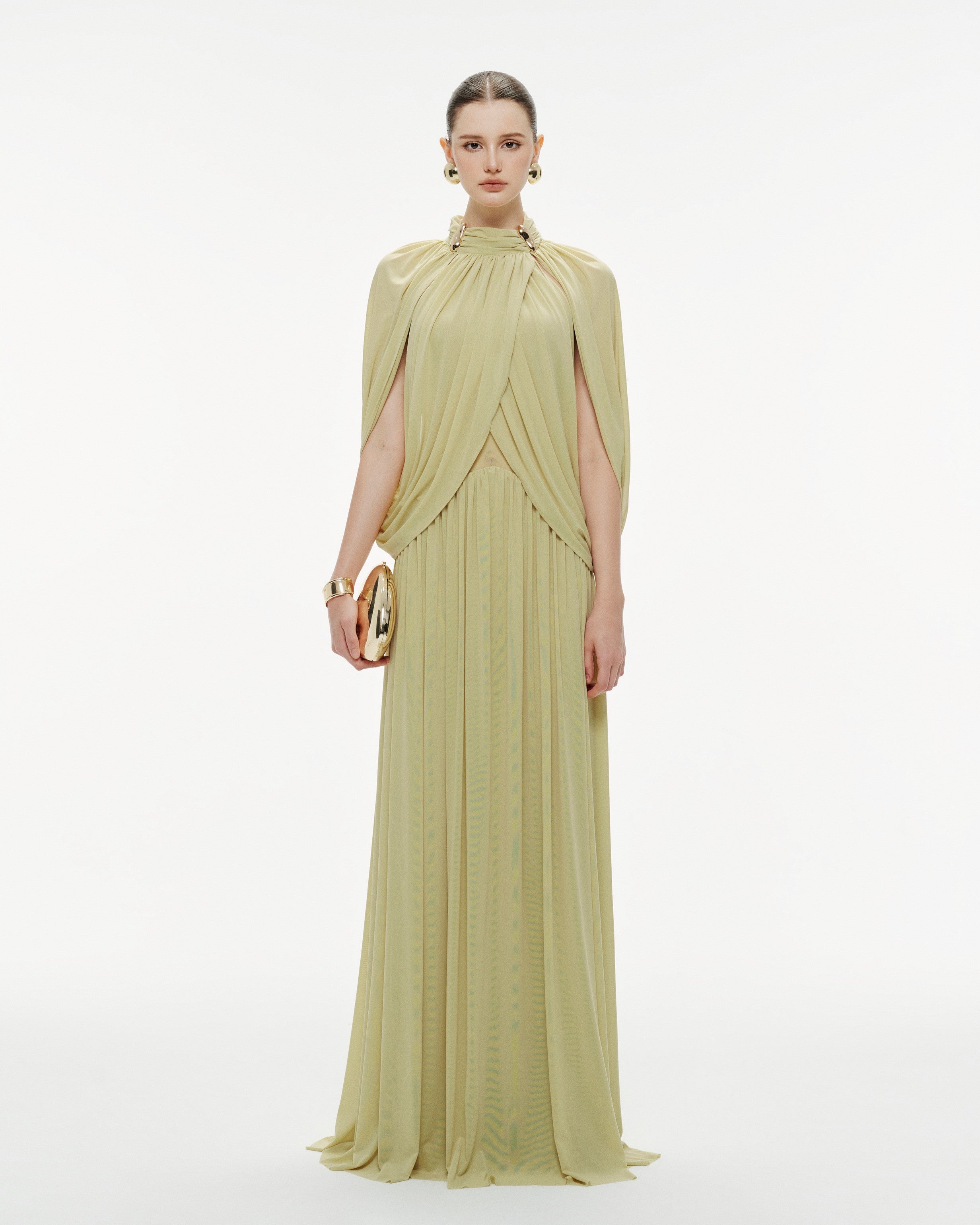 (PRE-ORDER) Light Pomelo Olive Mesh Knit Cape Dress