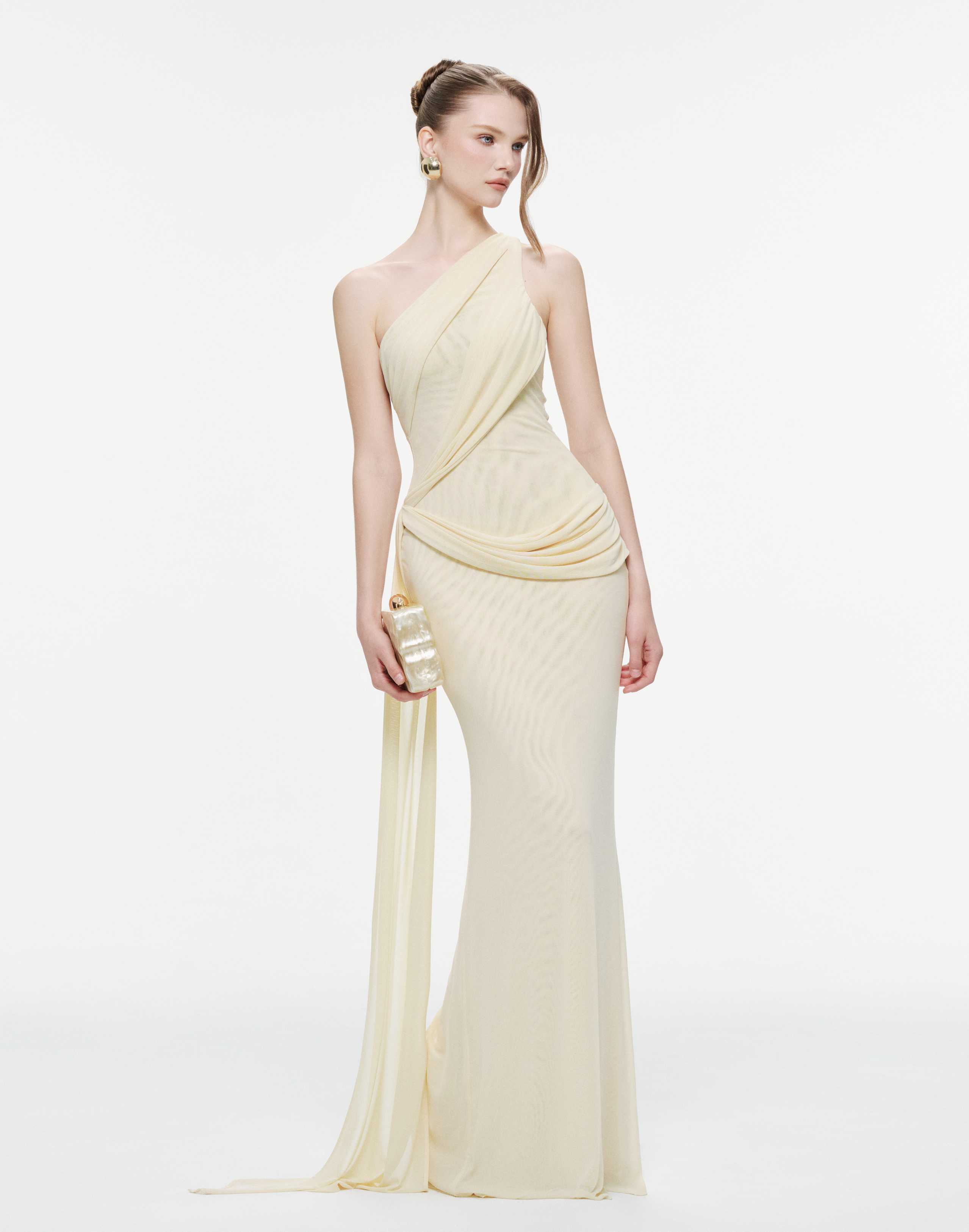 One-Shoulder Draped Mesh Dress