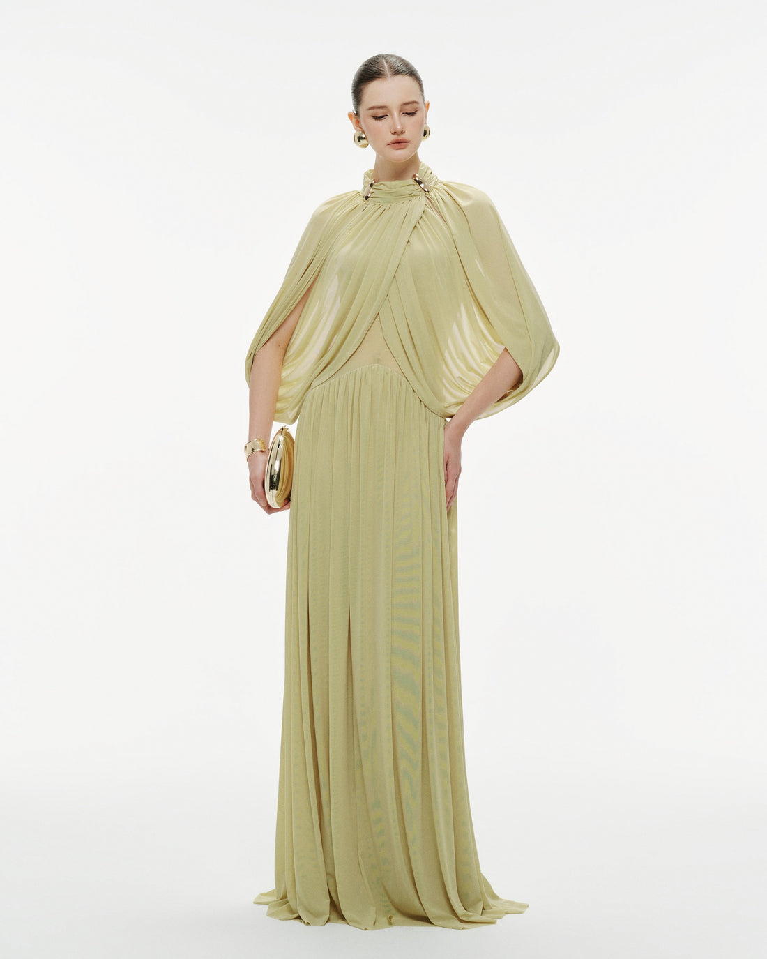 (PRE-ORDER) Light Pomelo Olive Mesh Knit Cape Dress