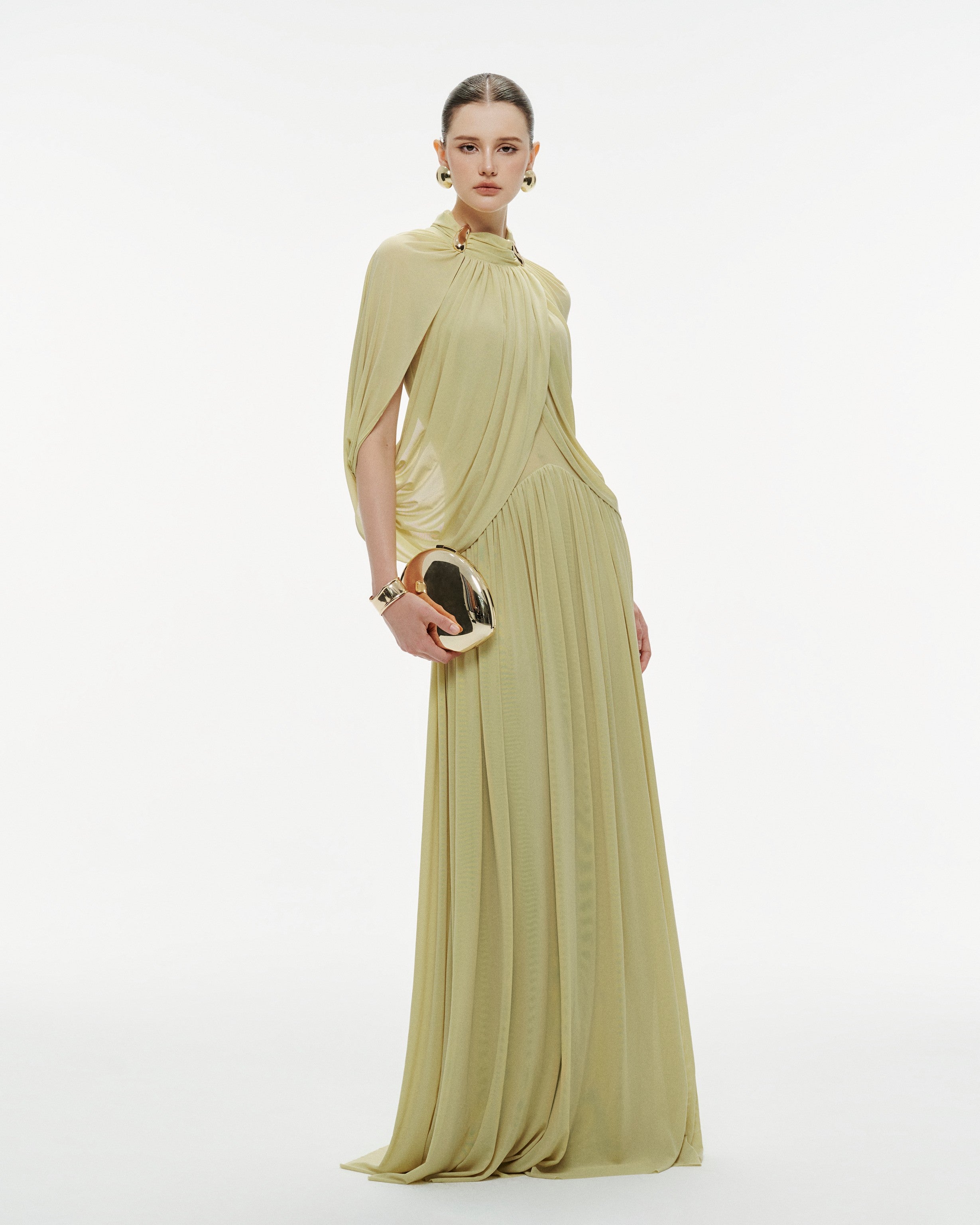 (PRE-ORDER) Light Pomelo Olive Mesh Knit Cape Dress