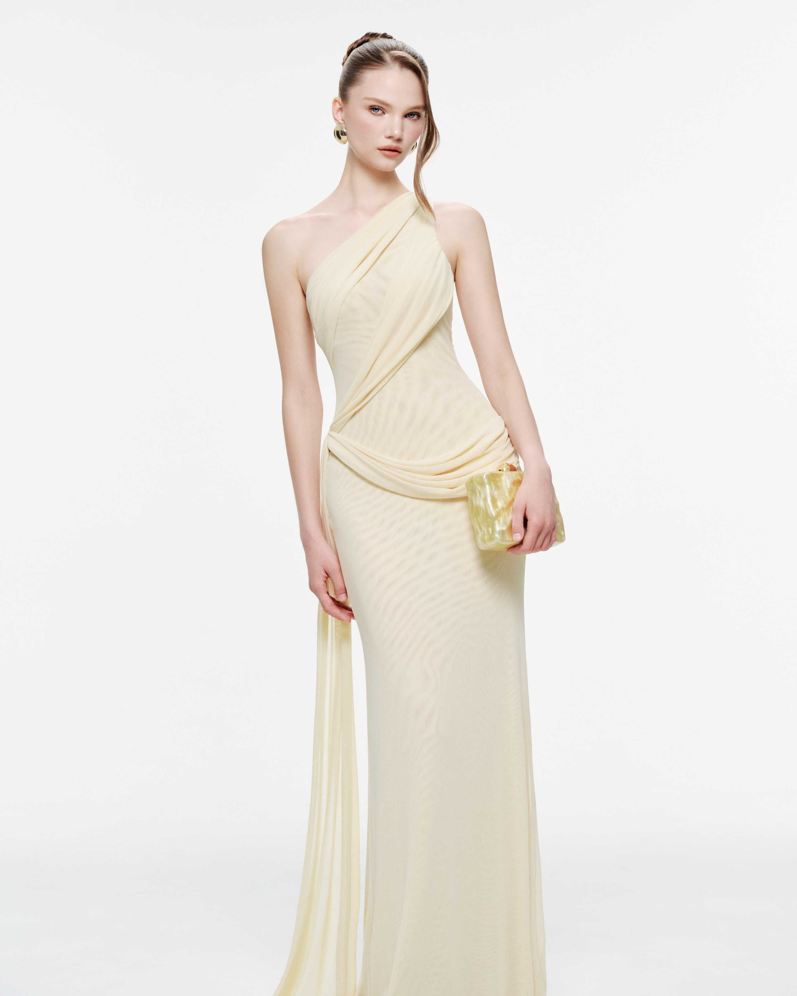 One-Shoulder Draped Mesh Dress