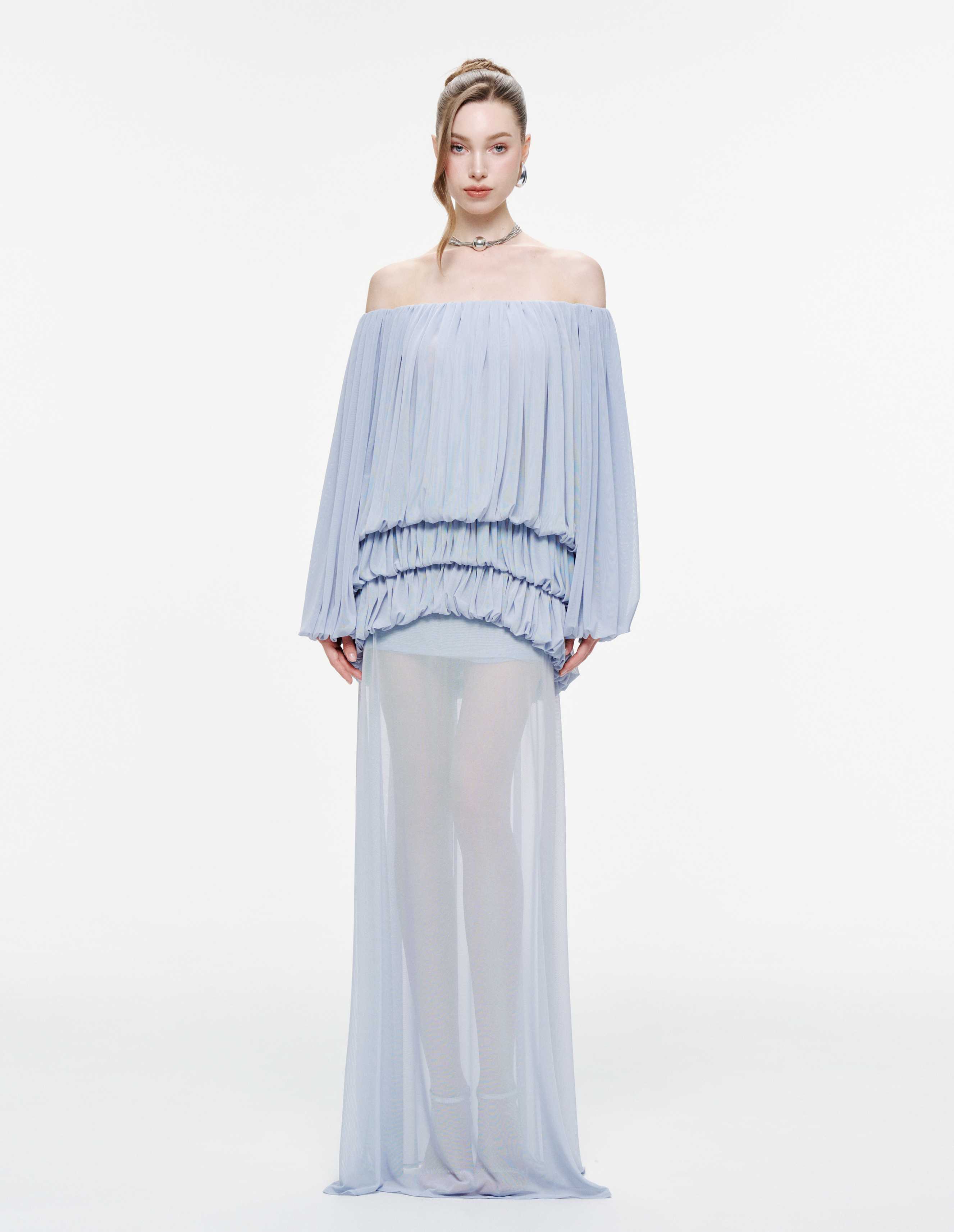 Off-Shoulder Ruched Stretch Mesh Set (Top & Skirt)