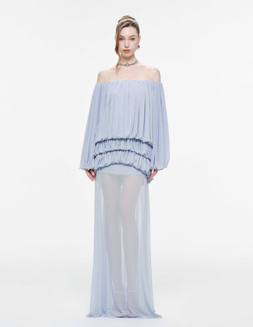 Off-Shoulder Ruched Stretch Mesh Set (Top & Skirt)