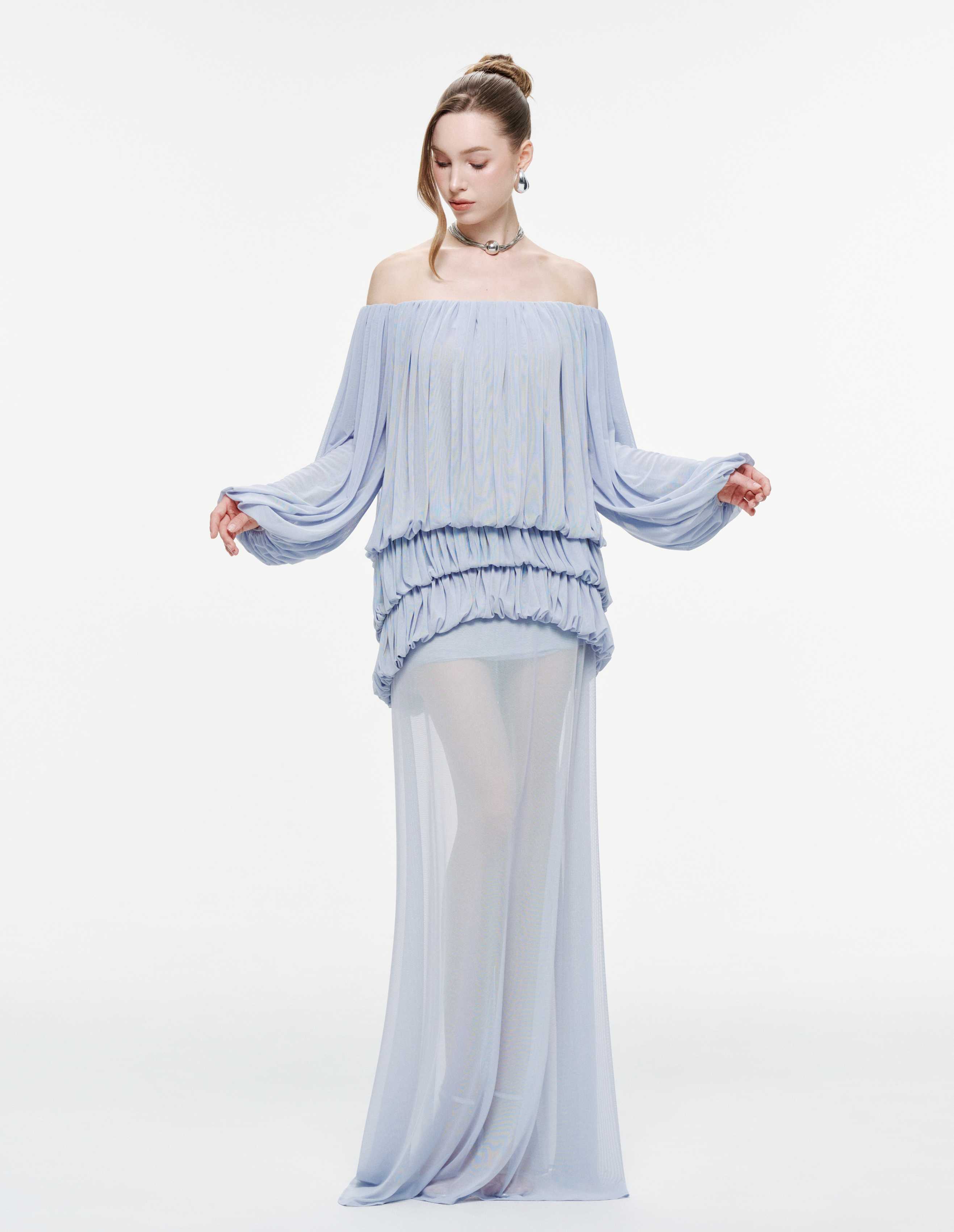 Off-Shoulder Ruched Stretch Mesh Set (Top & Skirt)