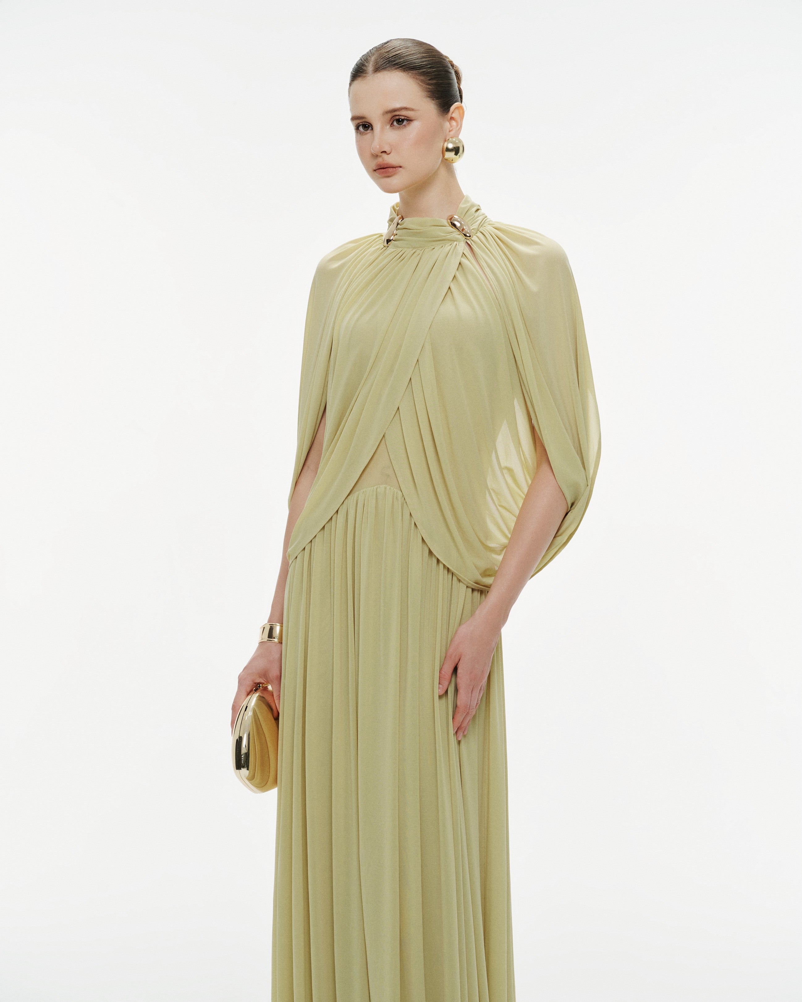 (PRE-ORDER) Light Pomelo Olive Mesh Knit Cape Dress