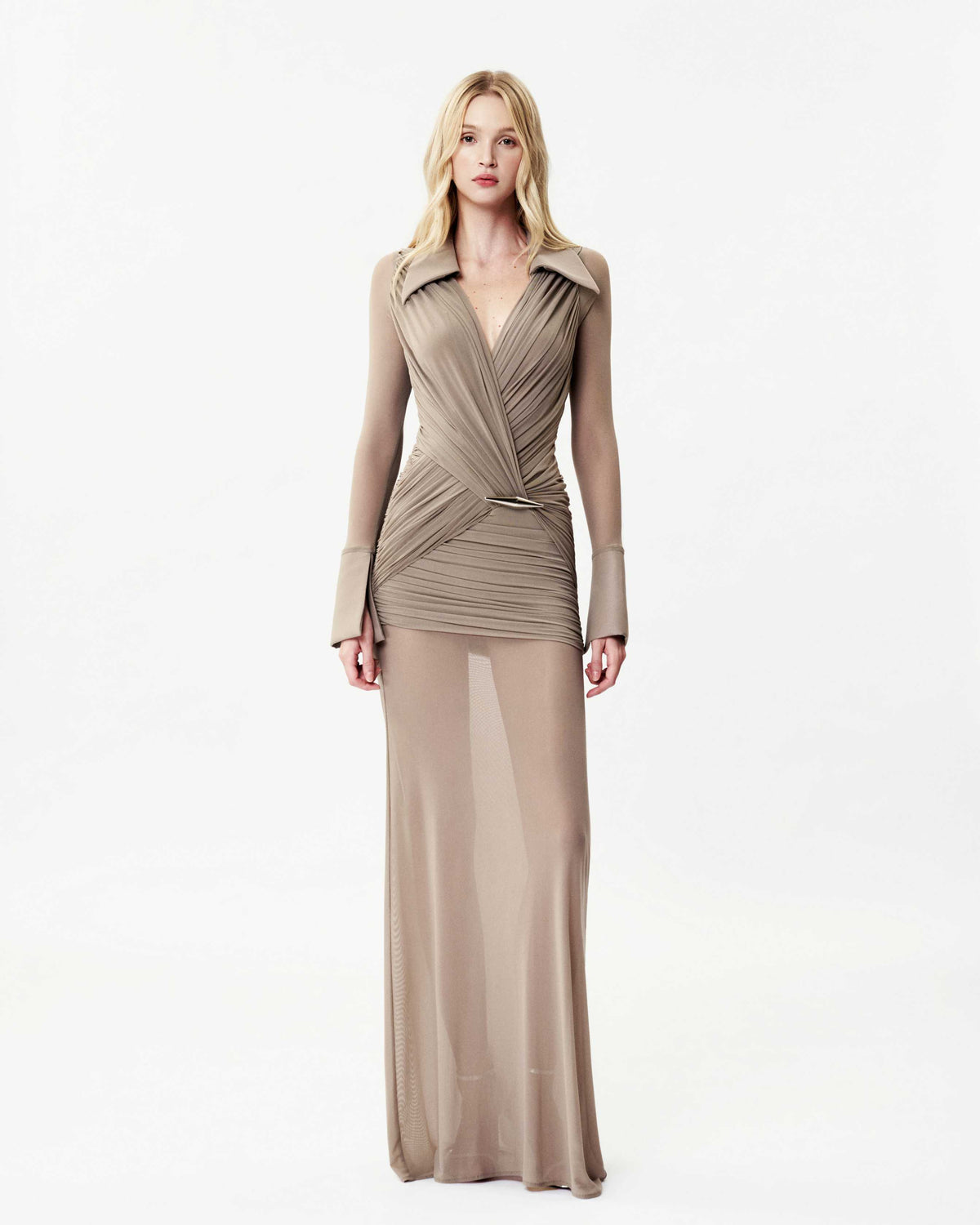 Long-Sleeve Mesh Shirt Dress with Cross-Front Pleats