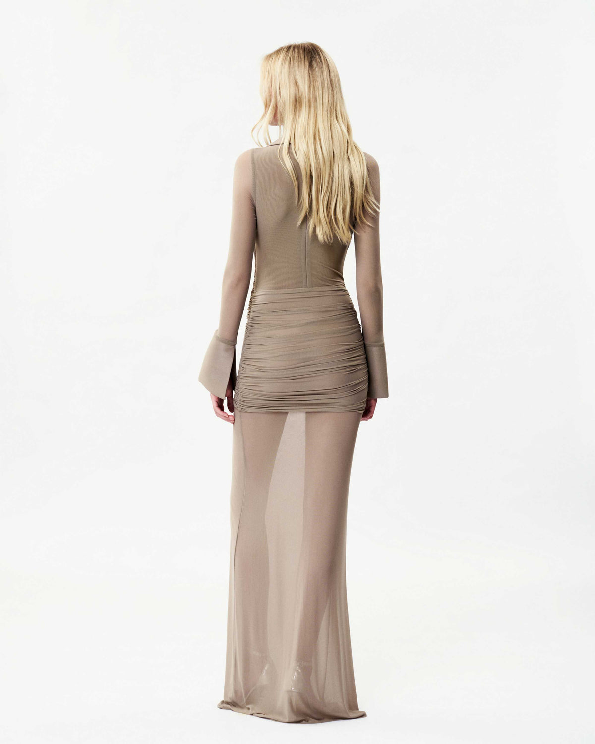 Long-Sleeve Mesh Shirt Dress with Cross-Front Pleats