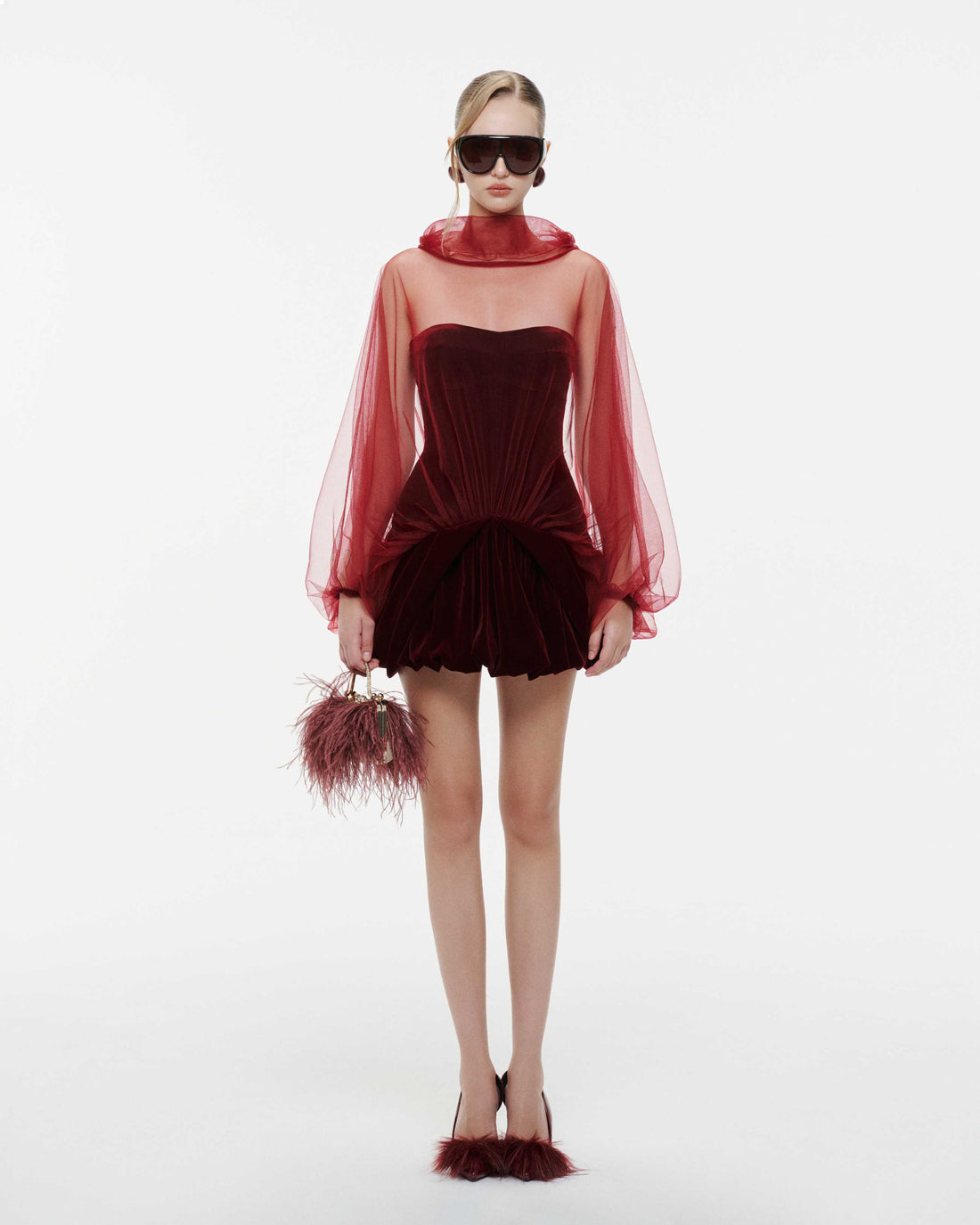 Red Velvet Panelled Cape Dress