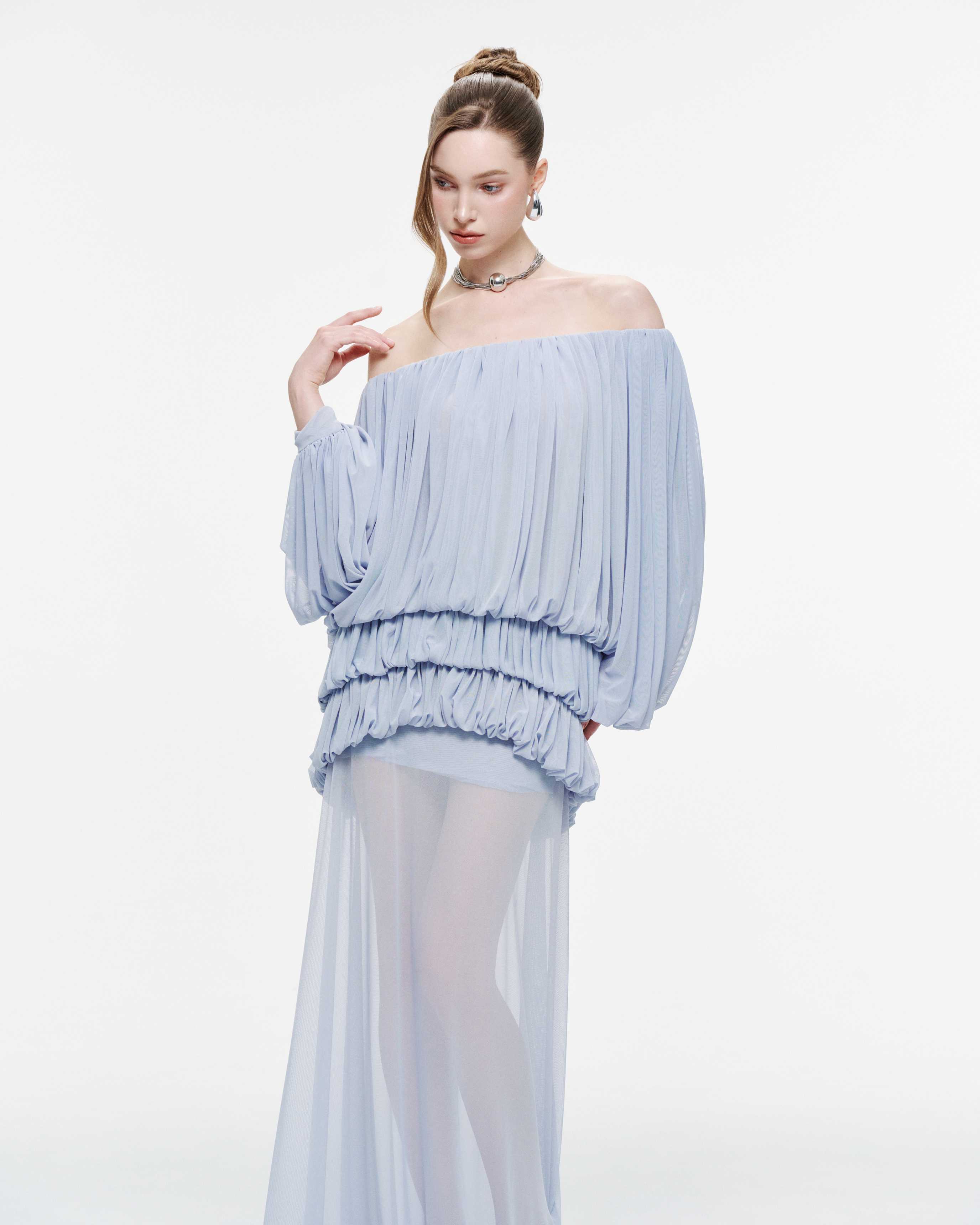 Off-Shoulder Ruched Stretch Mesh Set (Top & Skirt)