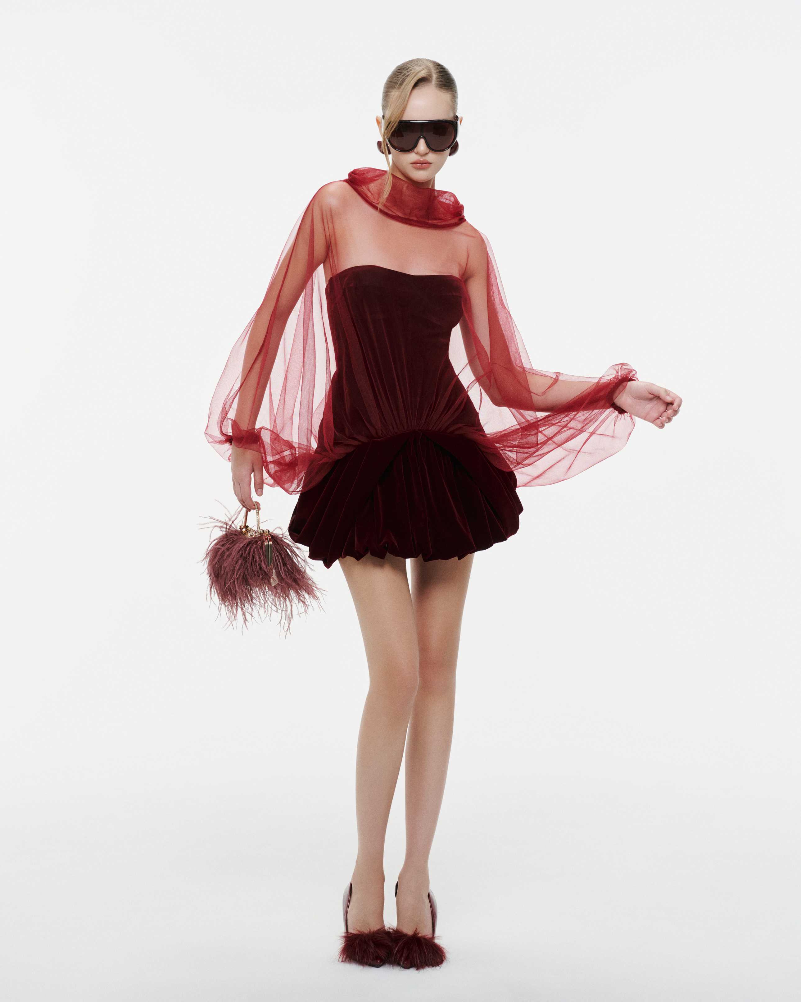 Red Velvet Panelled Cape Dress